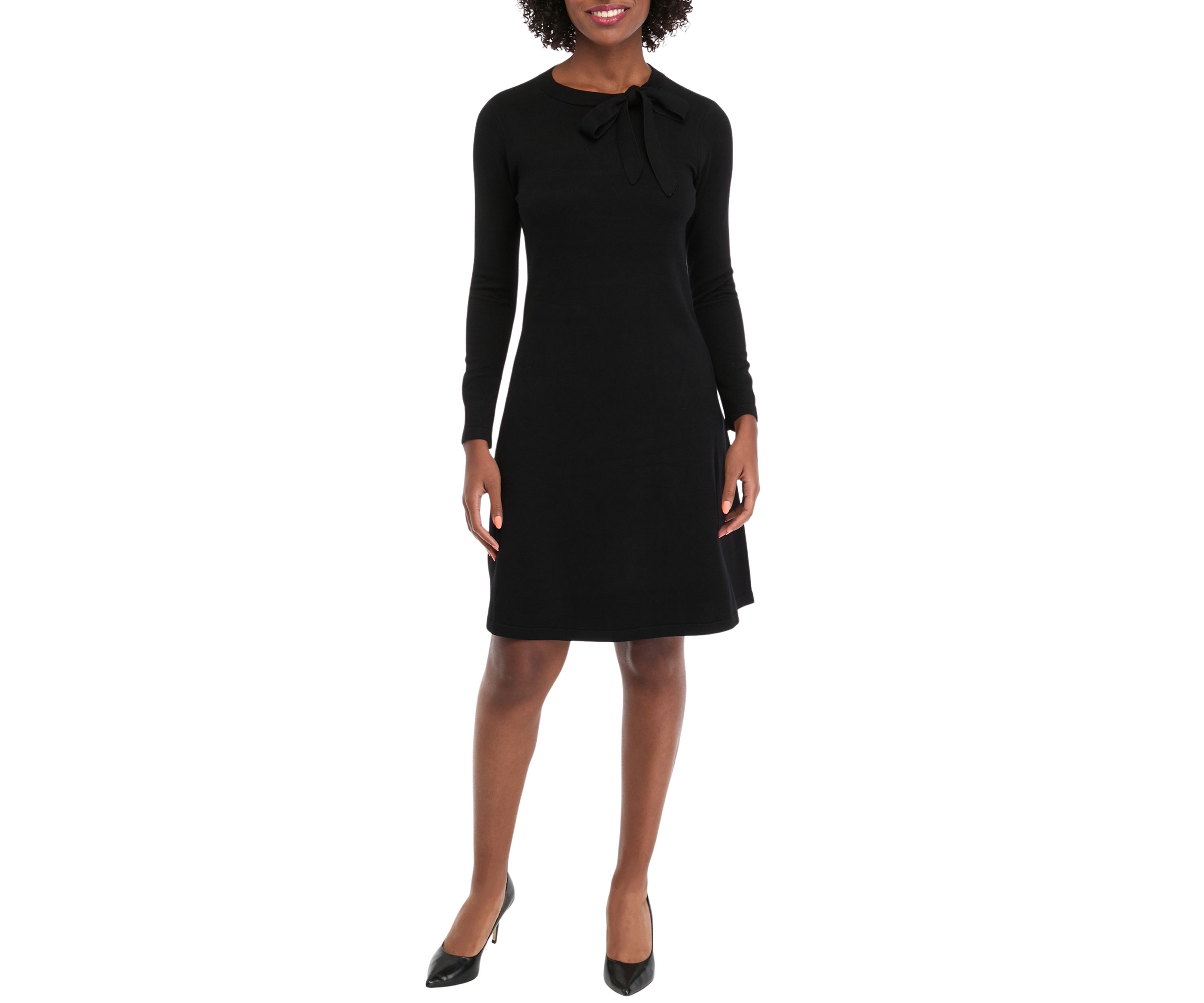 Womens Long Sleeve Crew Neck Solid Midi Knit A-Line Dress