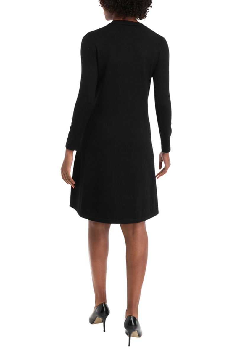 Womens Long Sleeve Crew Neck Solid Midi Knit A-Line Dress