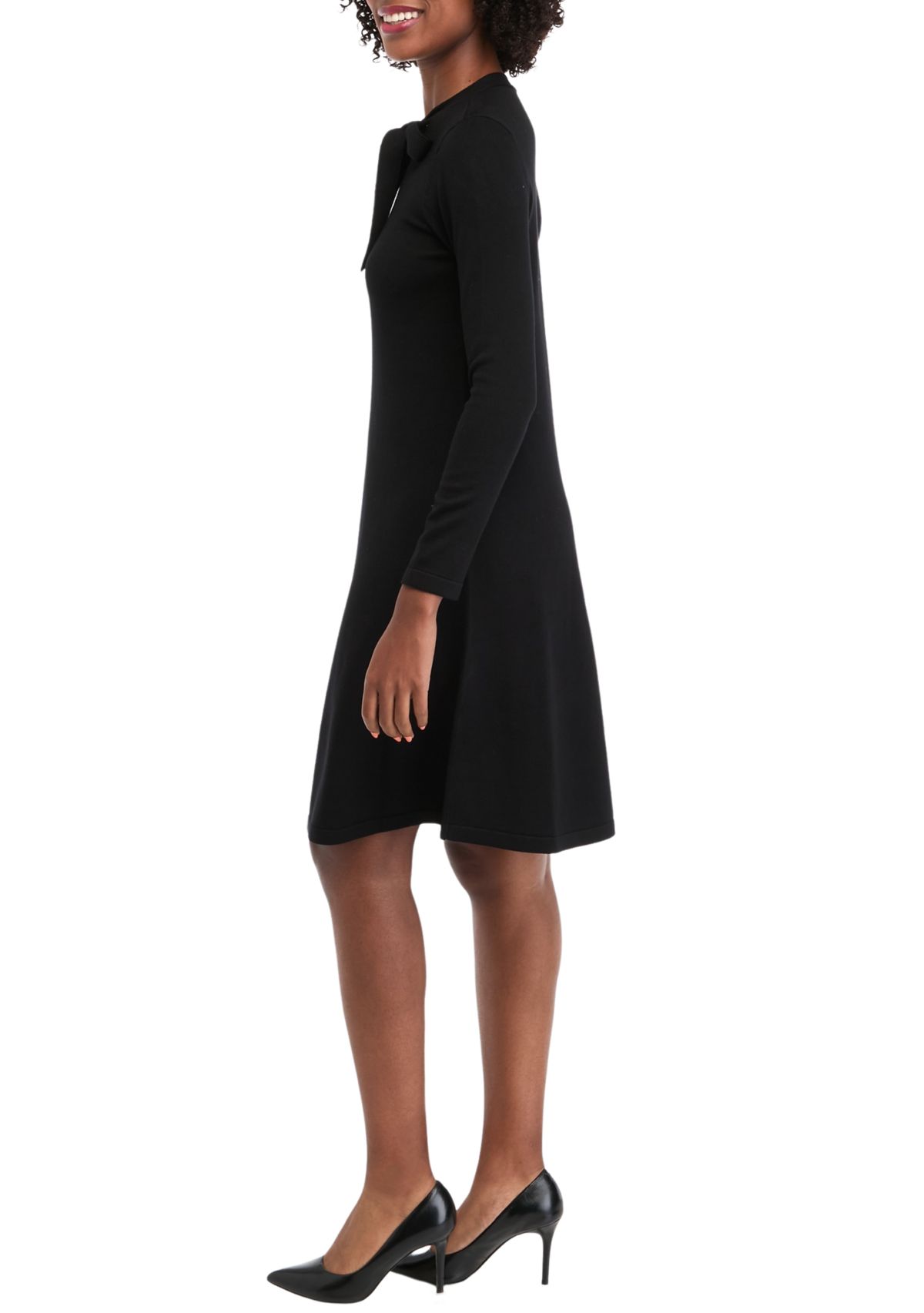 Womens Long Sleeve Crew Neck Solid Midi Knit A-Line Dress