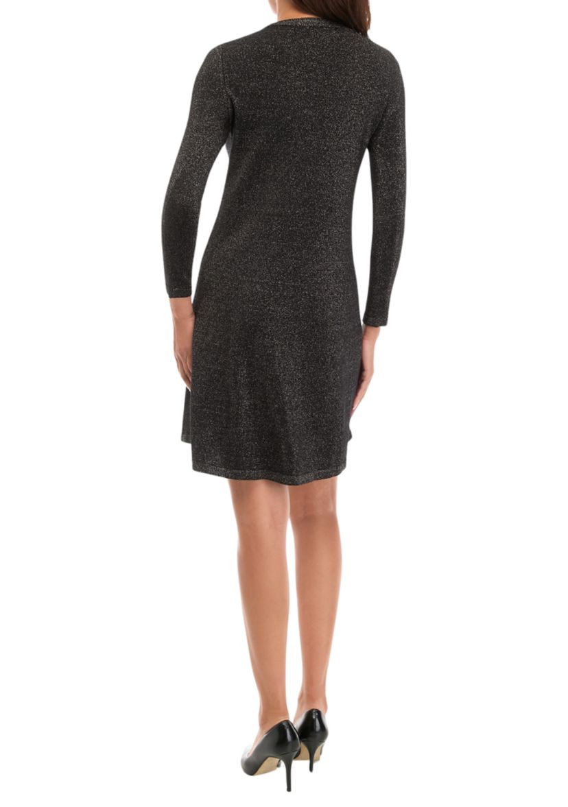 Womens Long Sleeve Crew Neck Bow Print Sweater A-Line Dress