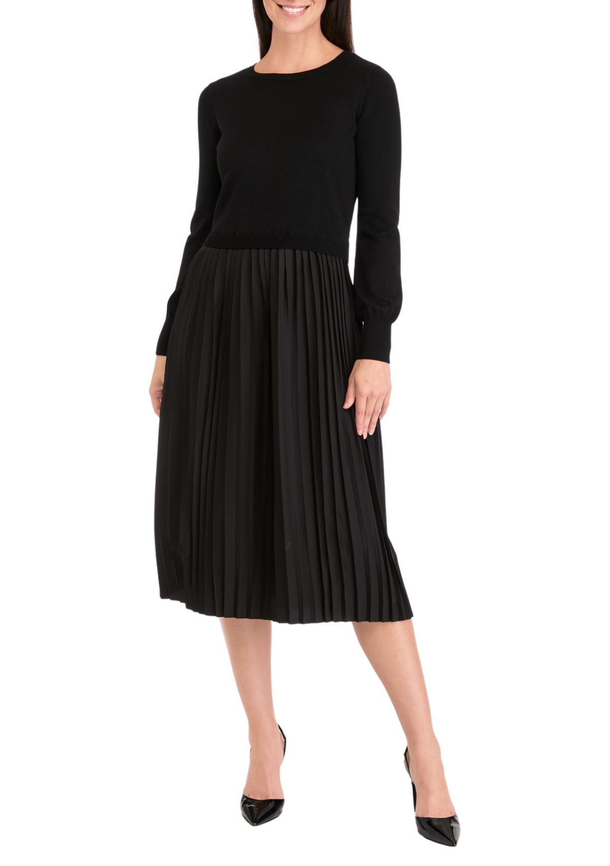 Womens Long Sleeve Crew Neck Solid Midi Knit A-Line Dress