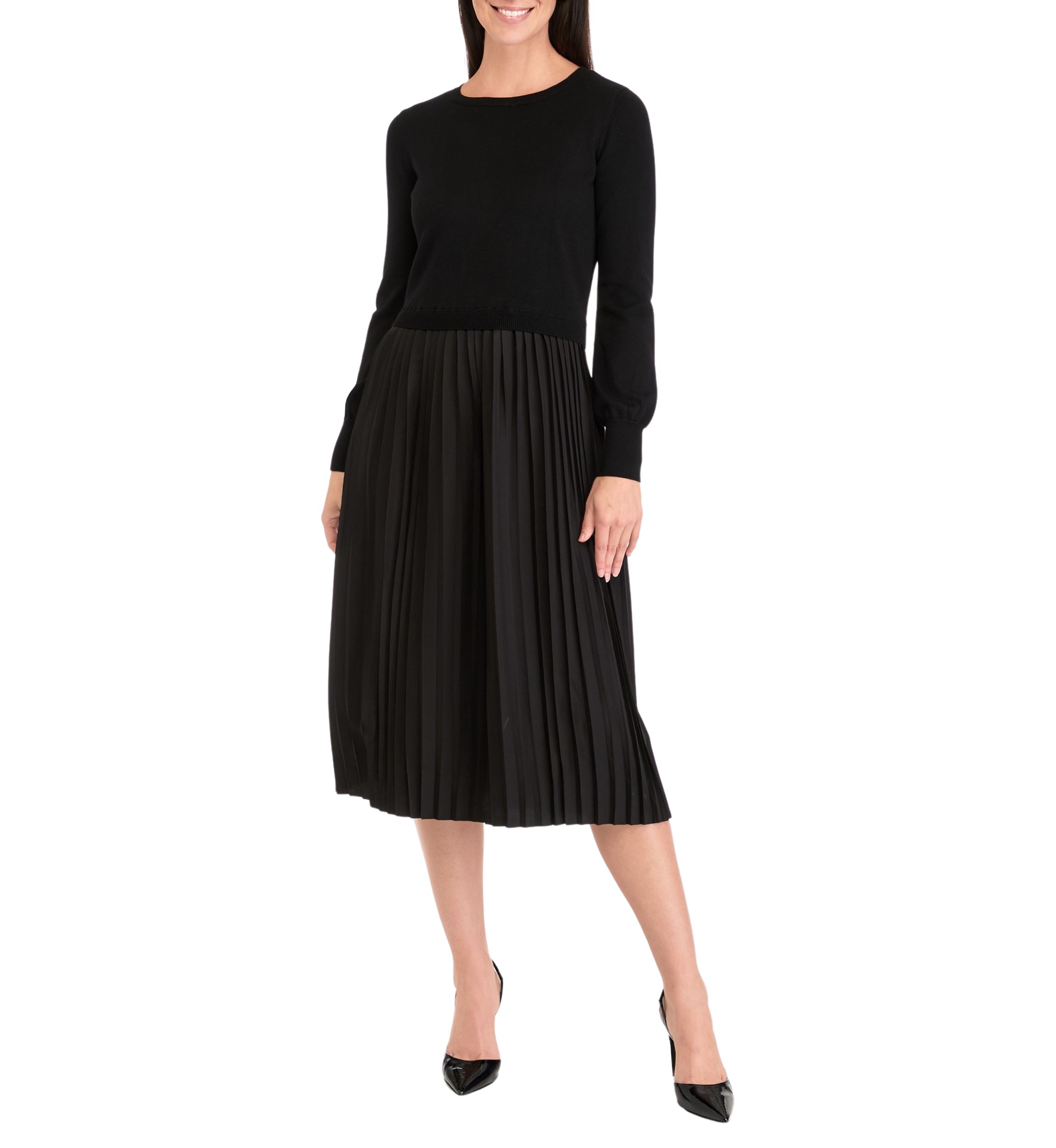 Womens Long Sleeve Crew Neck Solid Midi Knit A-Line Dress