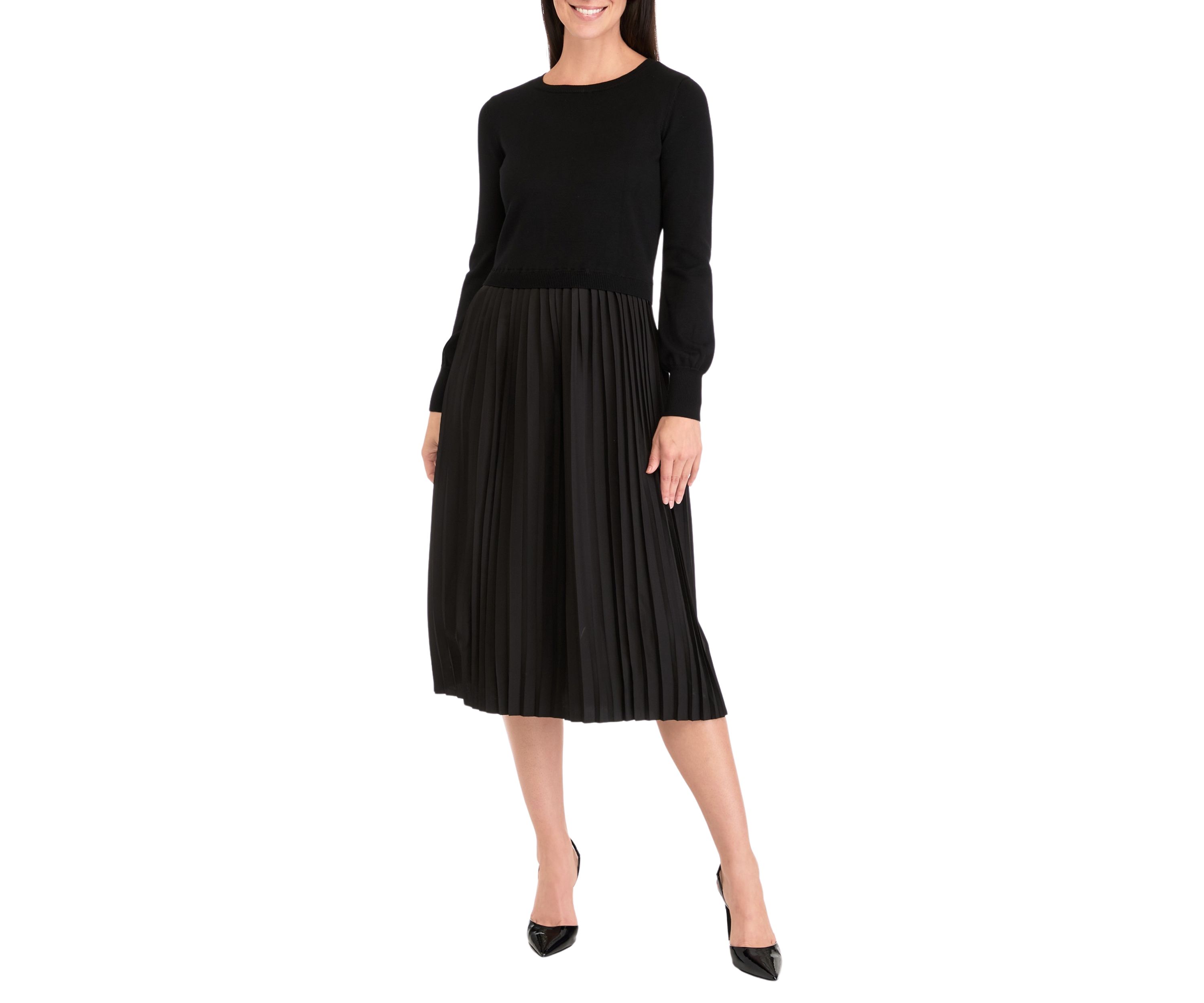 Womens Long Sleeve Crew Neck Solid Midi Knit A-Line Dress