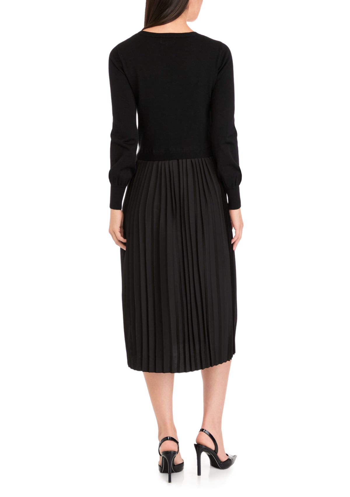 Womens Long Sleeve Crew Neck Solid Midi Knit A-Line Dress