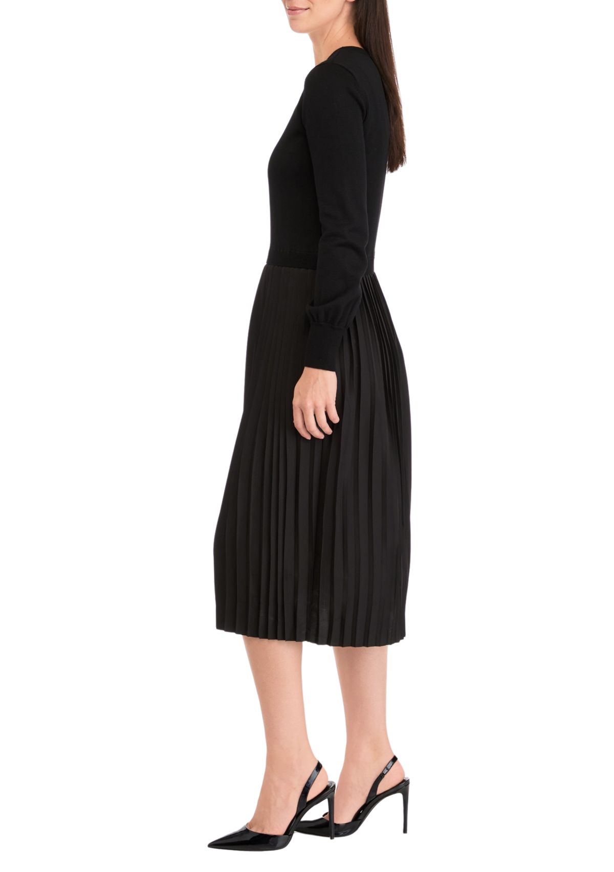 Womens Long Sleeve Crew Neck Solid Midi Knit A-Line Dress