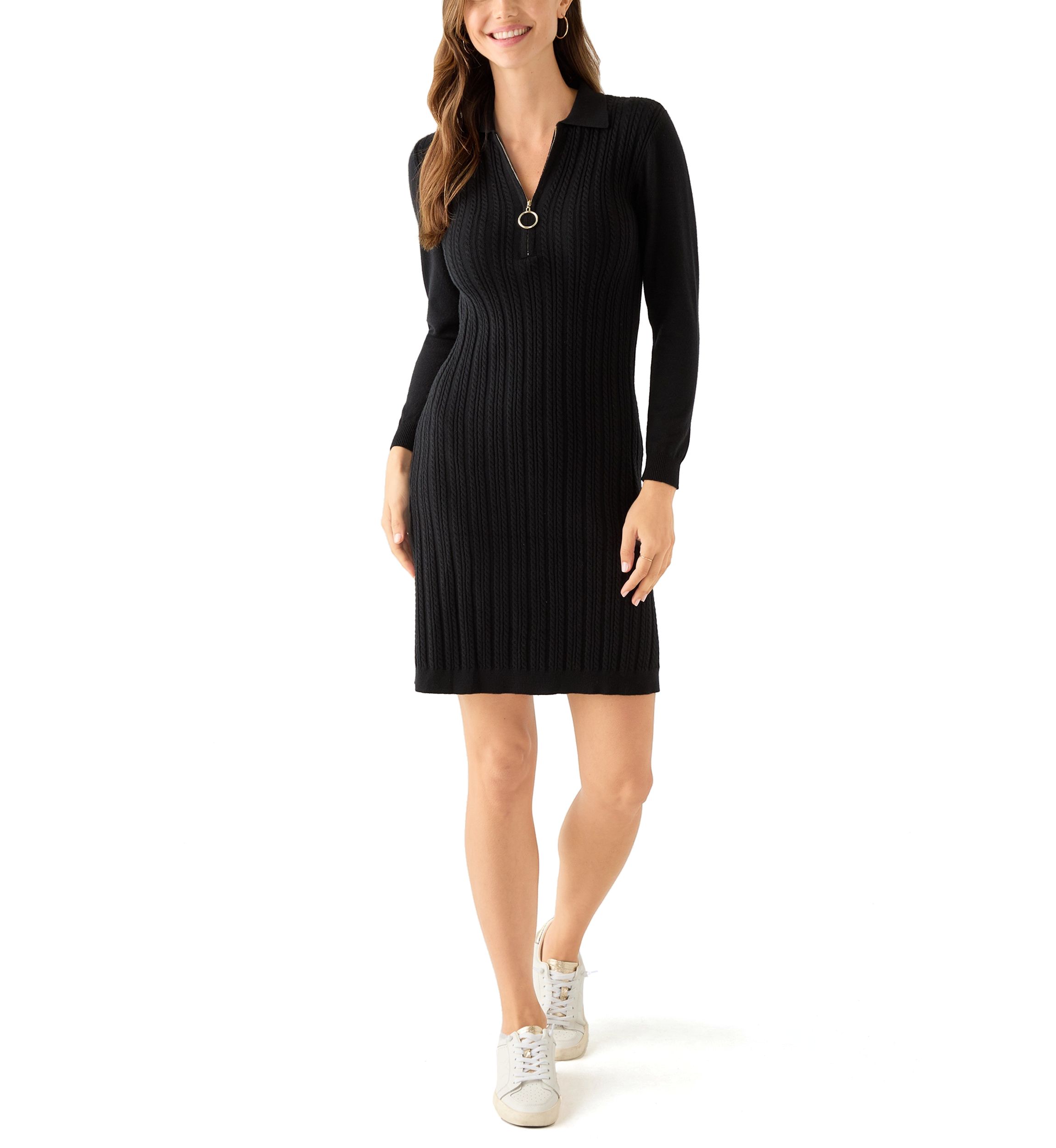 Robbie Bee Women's Long Sleeve Cable Sweater Mini Dress, Black, XL