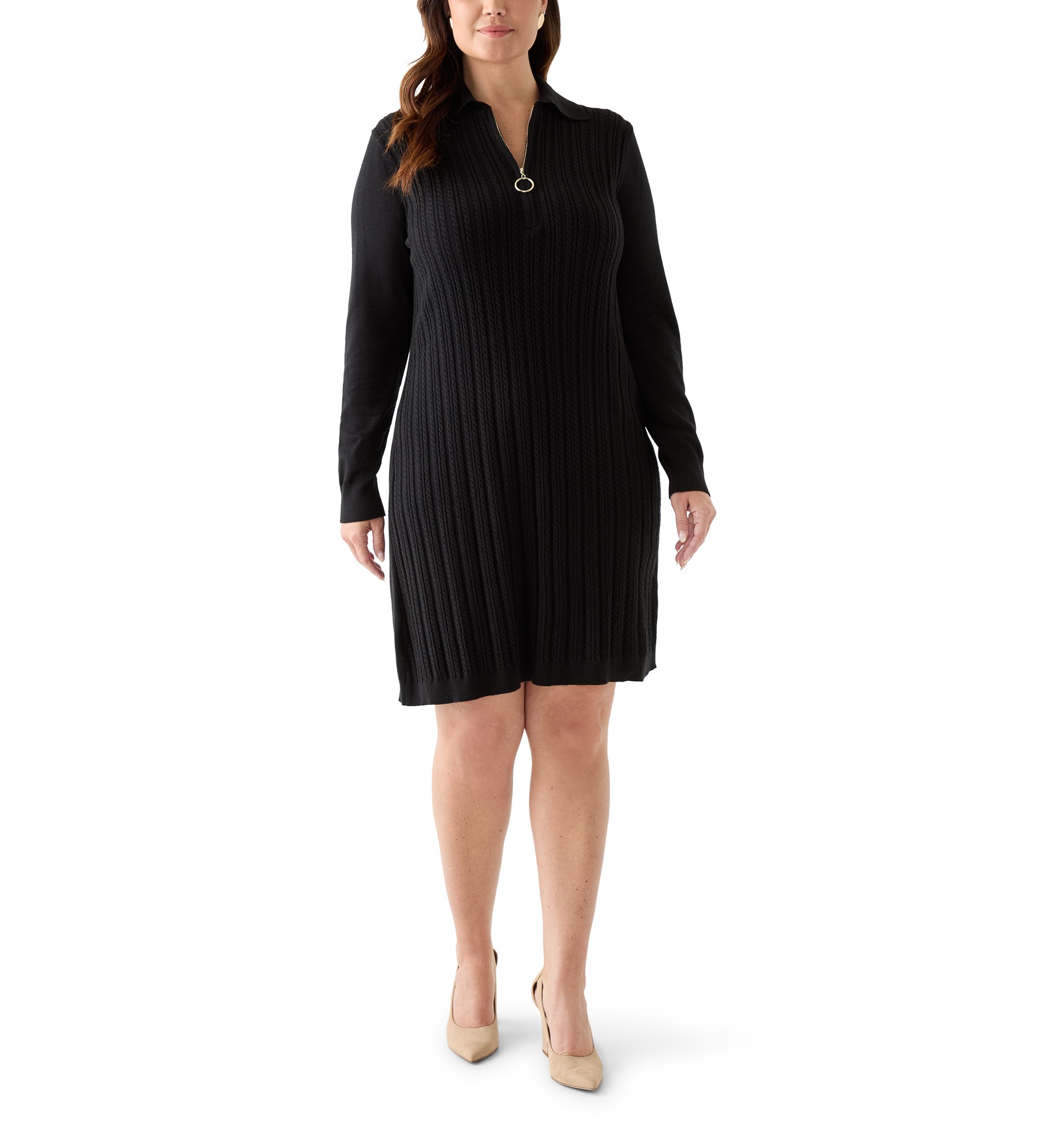 Plus Size Long Sleeve V-Neck Solid Sweater Dress