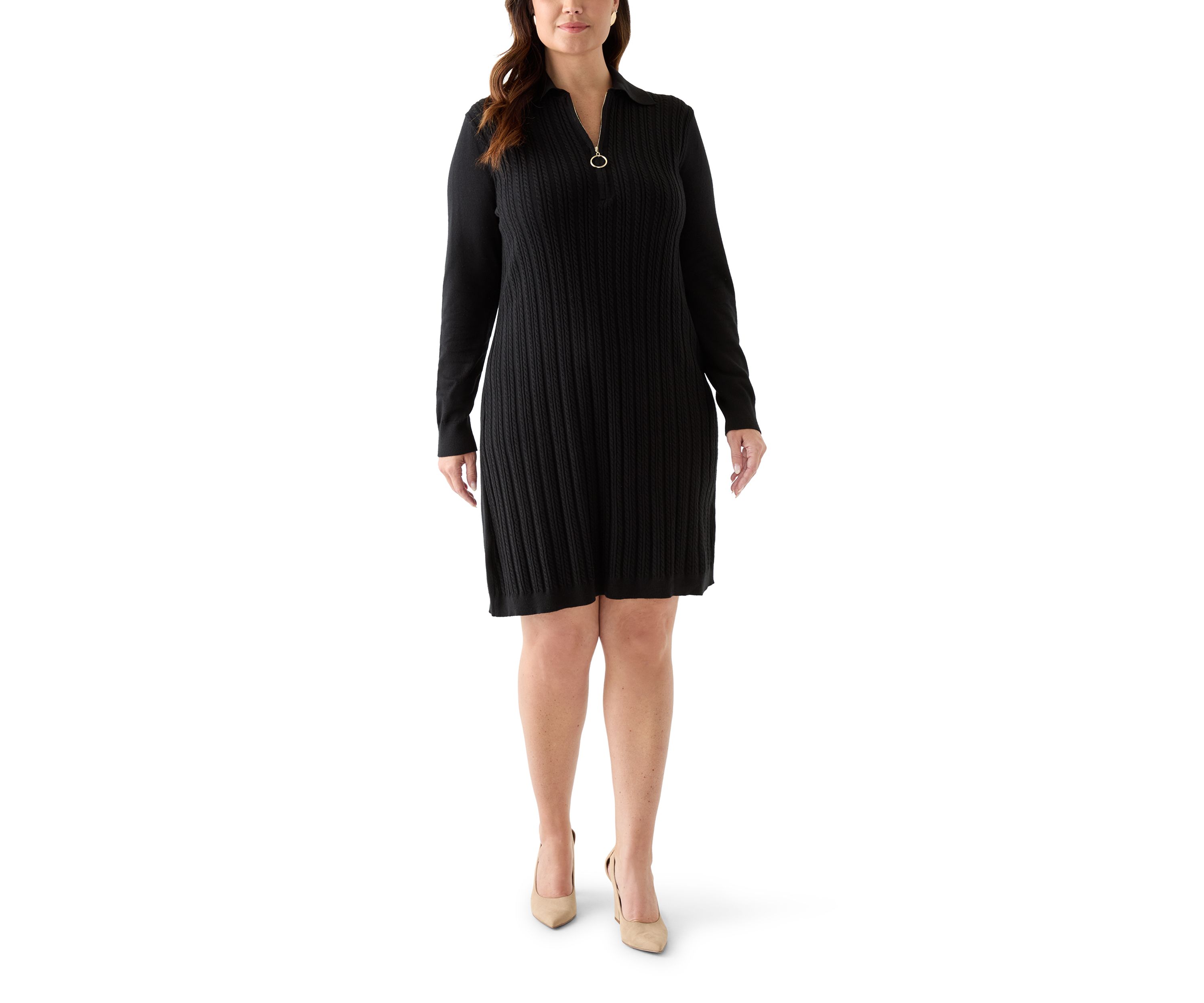 Plus Size Long Sleeve V-Neck Solid Sweater Dress