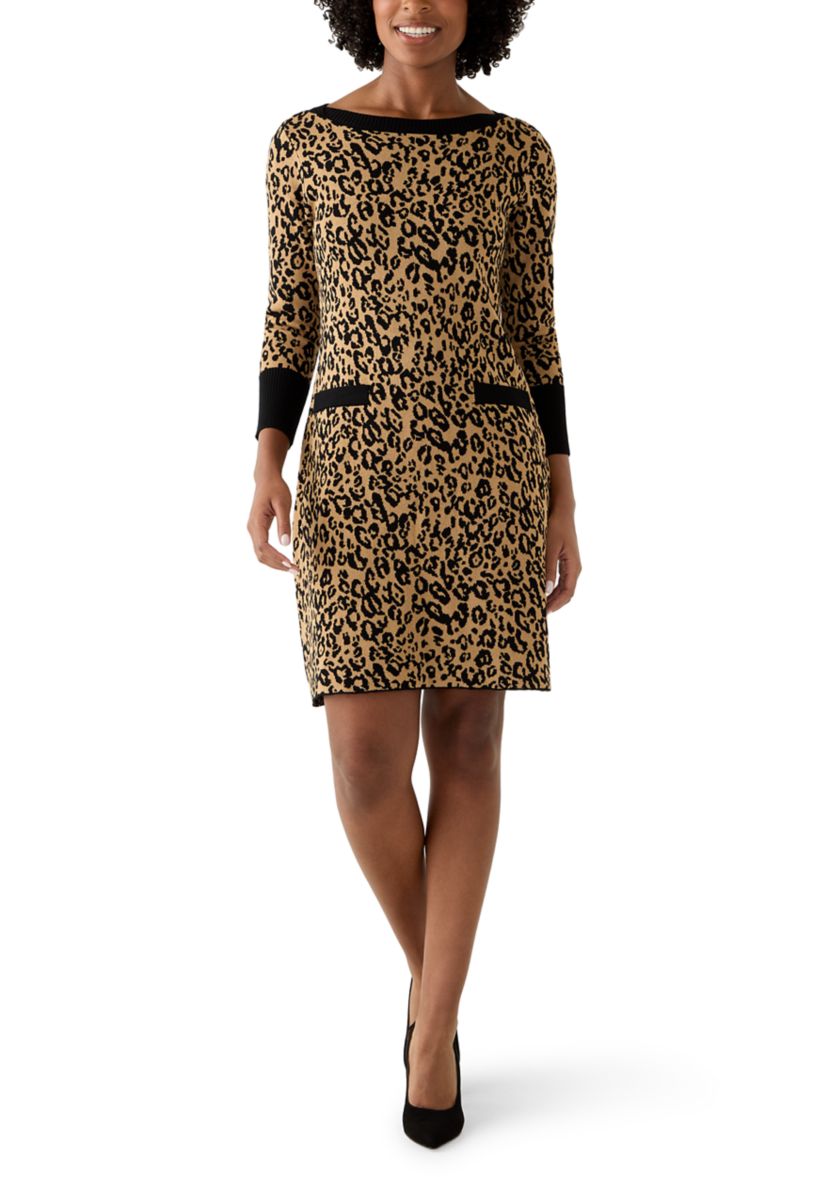 Womens Long Sleeve Leopard Print Sweater Dress