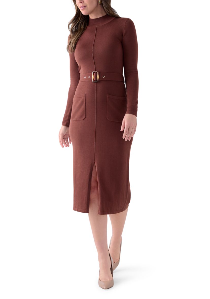 Womens Long Sleeve Mock Neck Belted Sweater Midi Dress