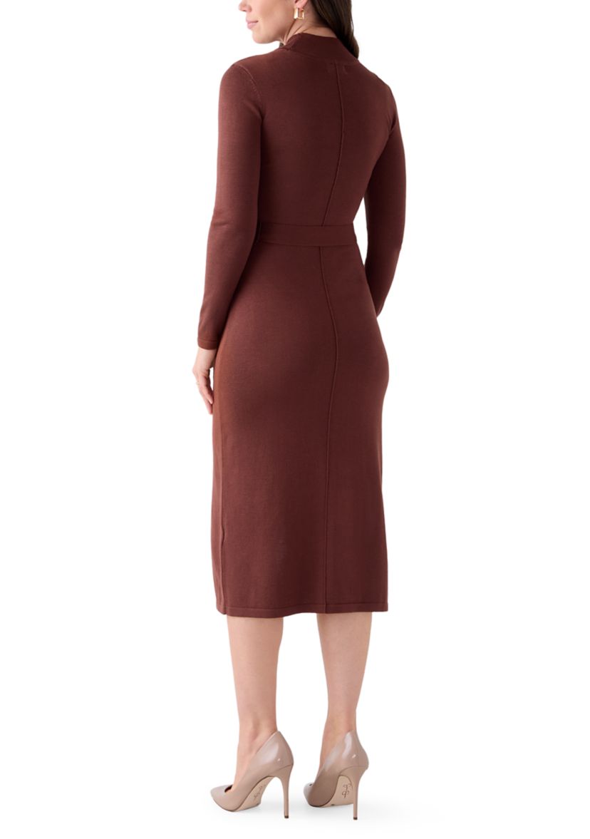 Womens Long Sleeve Mock Neck Belted Sweater Midi Dress