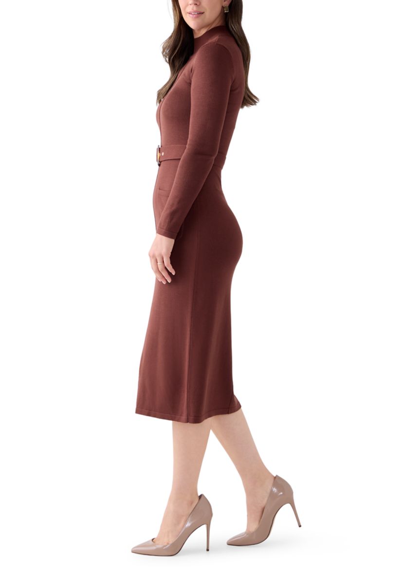 Womens Long Sleeve Mock Neck Belted Sweater Midi Dress
