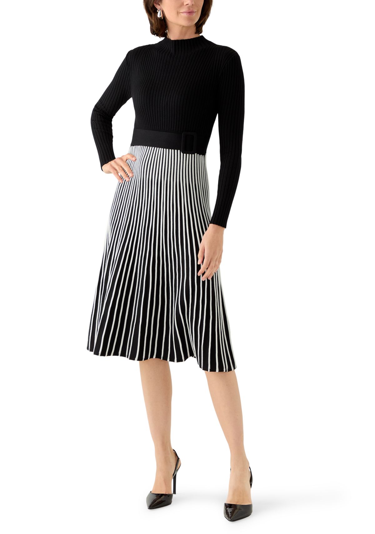 Womens Long Sleeve Mock Neck Belted Sweater Dress