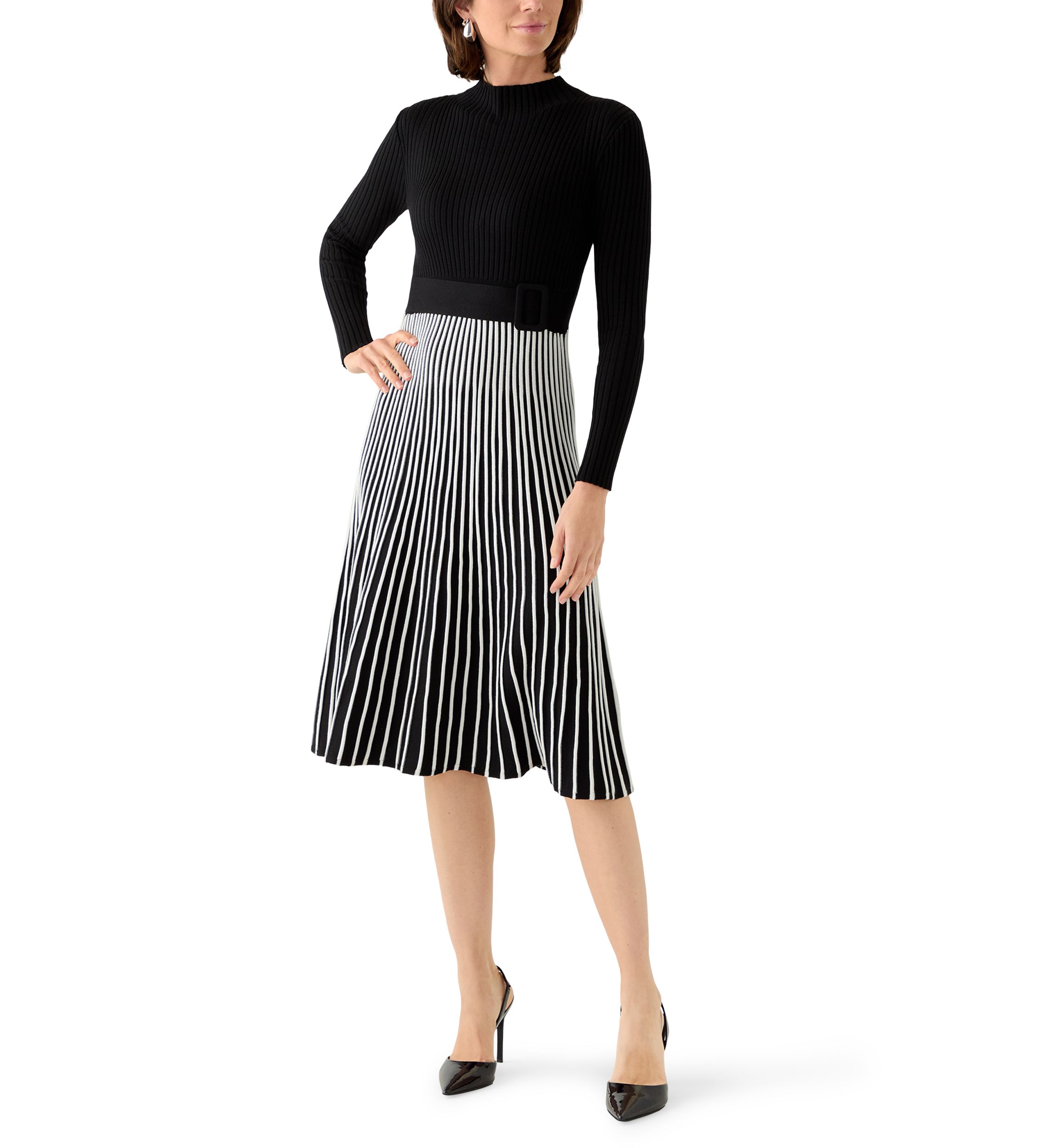 Womens Long Sleeve Mock Neck Belted Sweater Dress