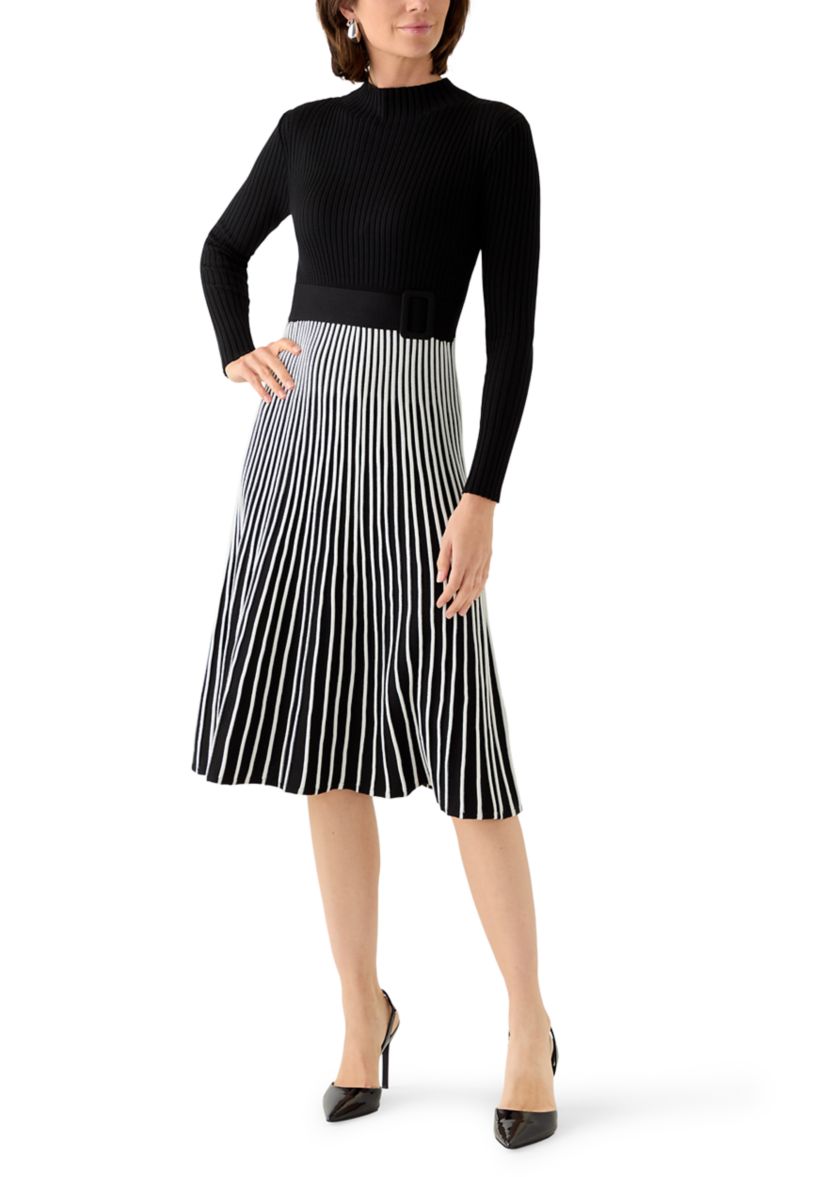 Womens Long Sleeve Mock Neck Belted Sweater Dress