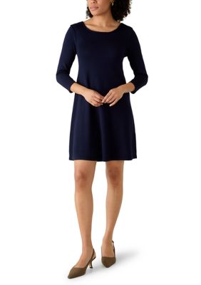 Robbie Bee Women's 3/4 Sleeve Braided A-Line Knit Dress, Navy Blue, Small