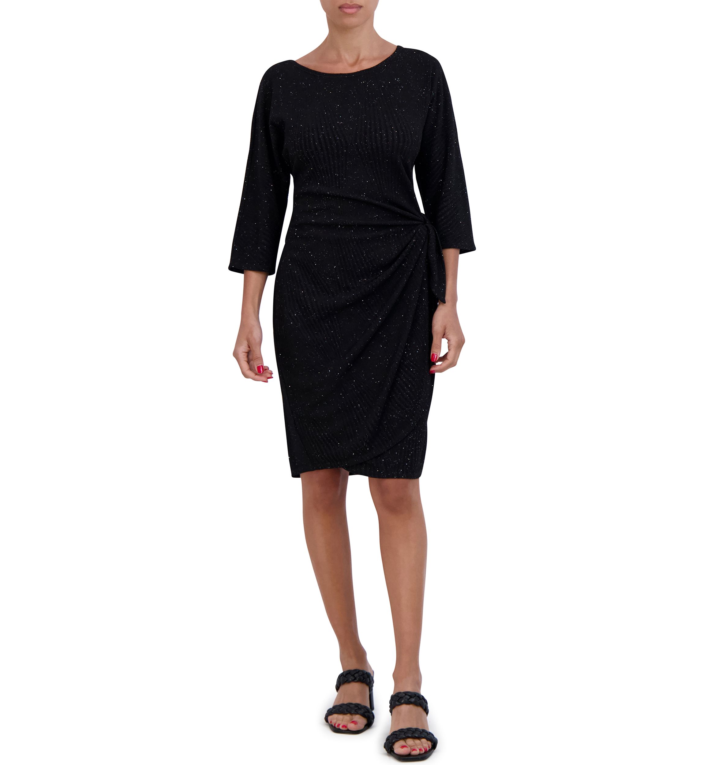 Womens 3/4 Sleeve Tie Waist Glitter Sheath Dress