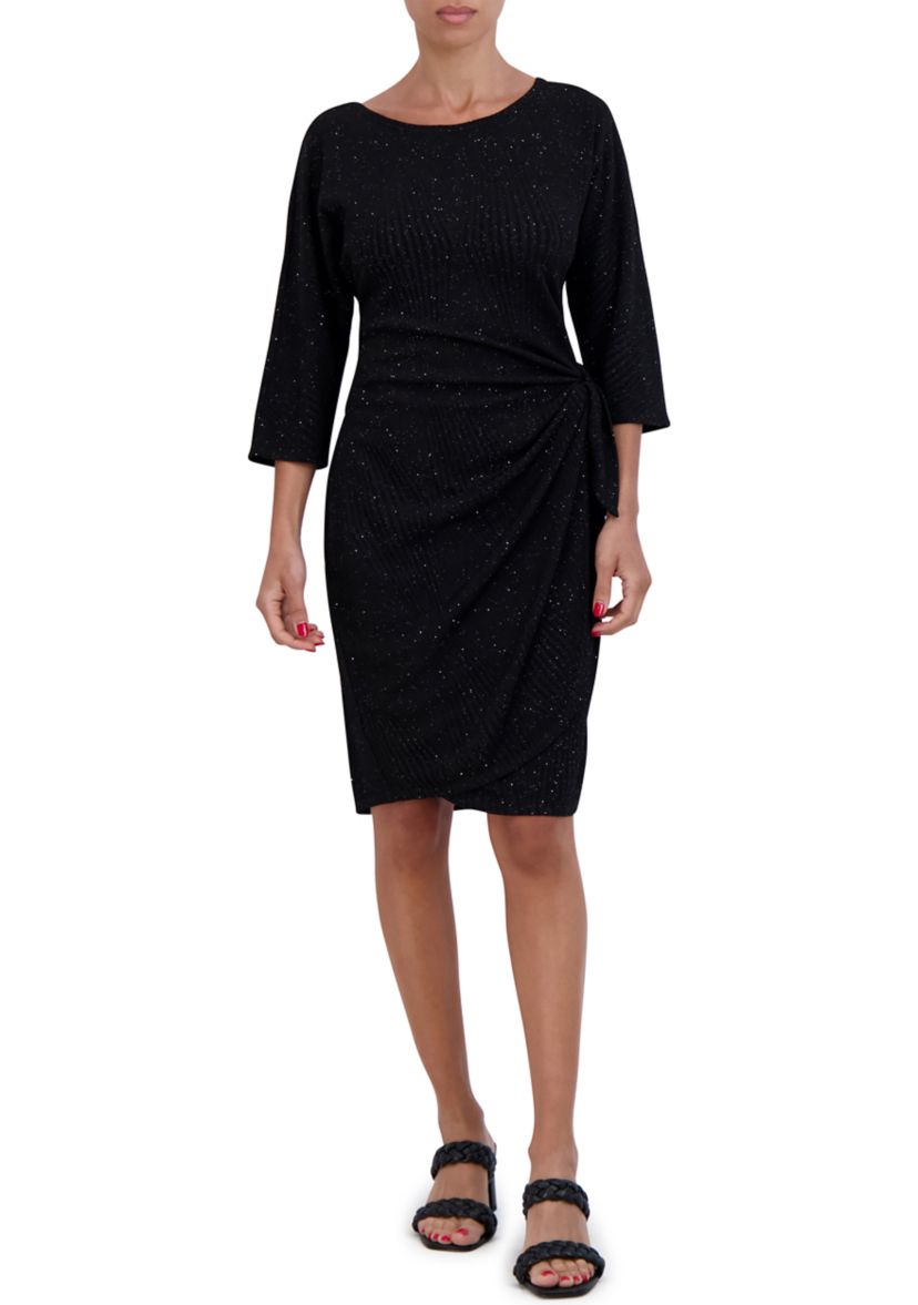 Womens 3/4 Sleeve Tie Waist Glitter Sheath Dress