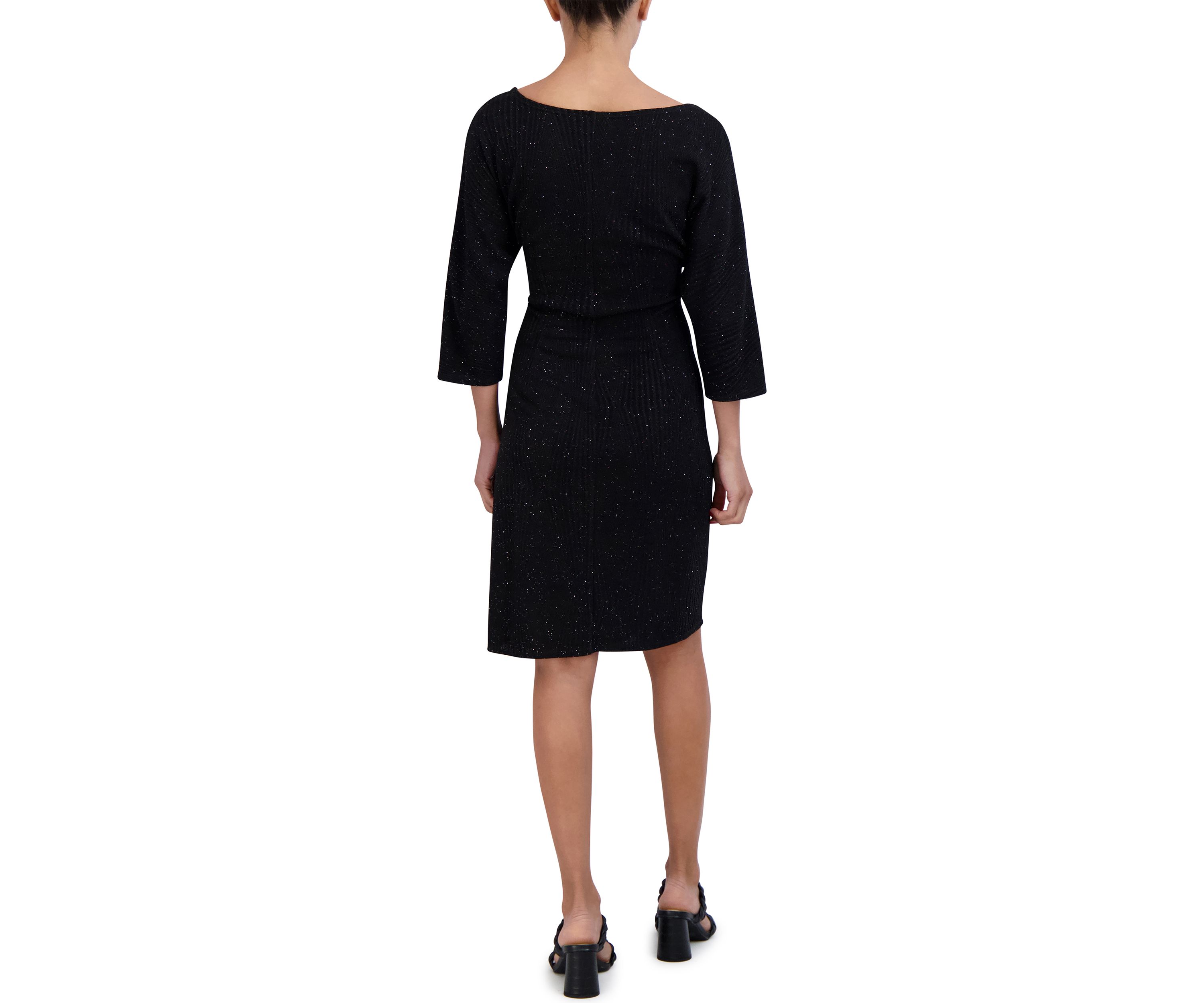 Womens 3/4 Sleeve Tie Waist Glitter Sheath Dress