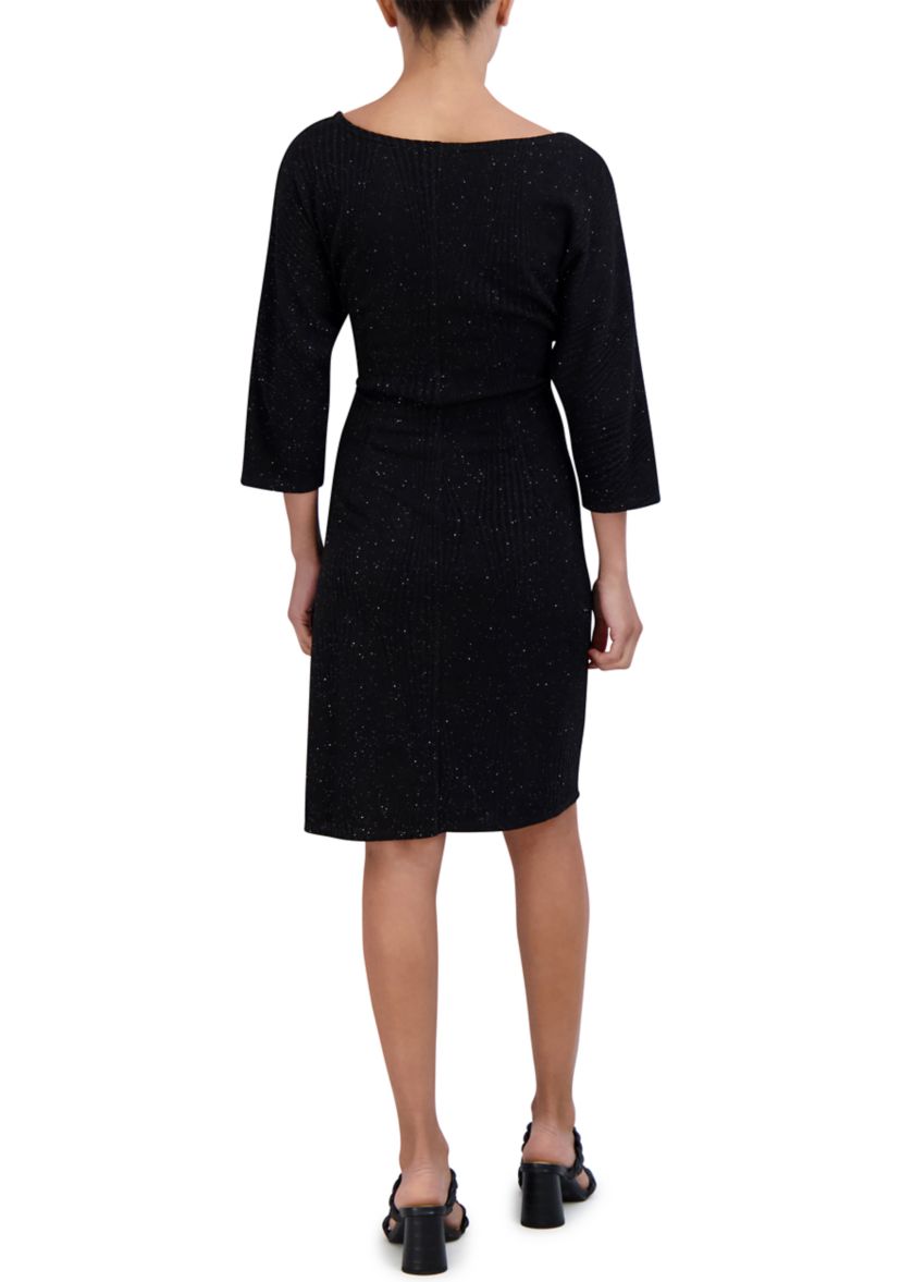 Womens 3/4 Sleeve Tie Waist Glitter Sheath Dress