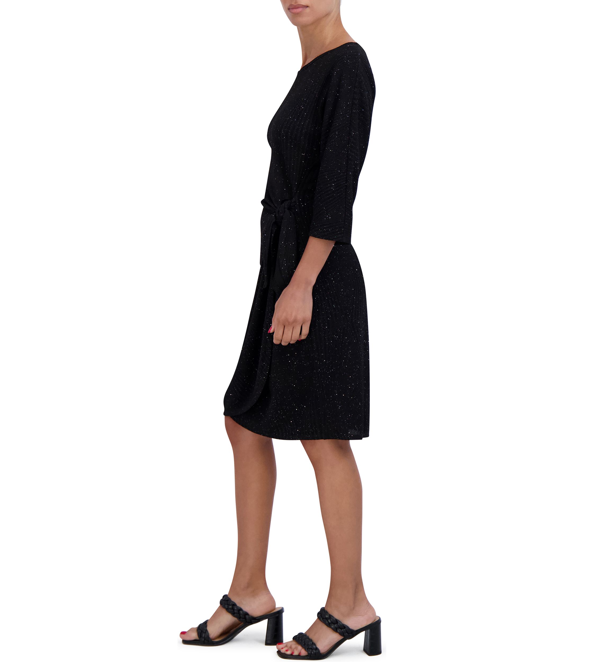 Womens 3/4 Sleeve Tie Waist Glitter Sheath Dress