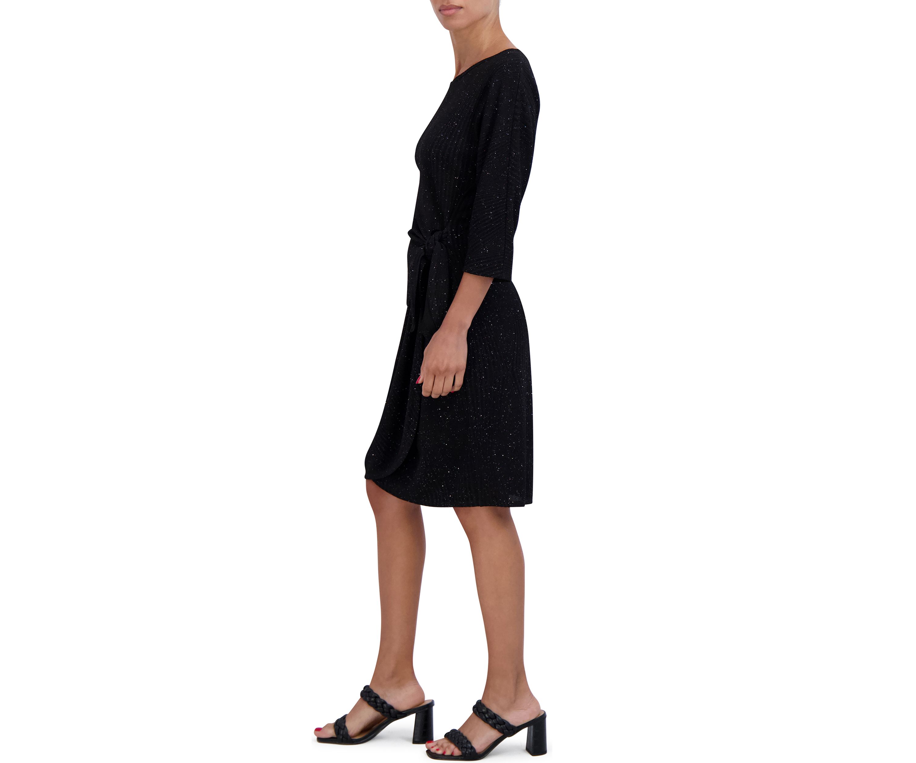 Womens 3/4 Sleeve Tie Waist Glitter Sheath Dress