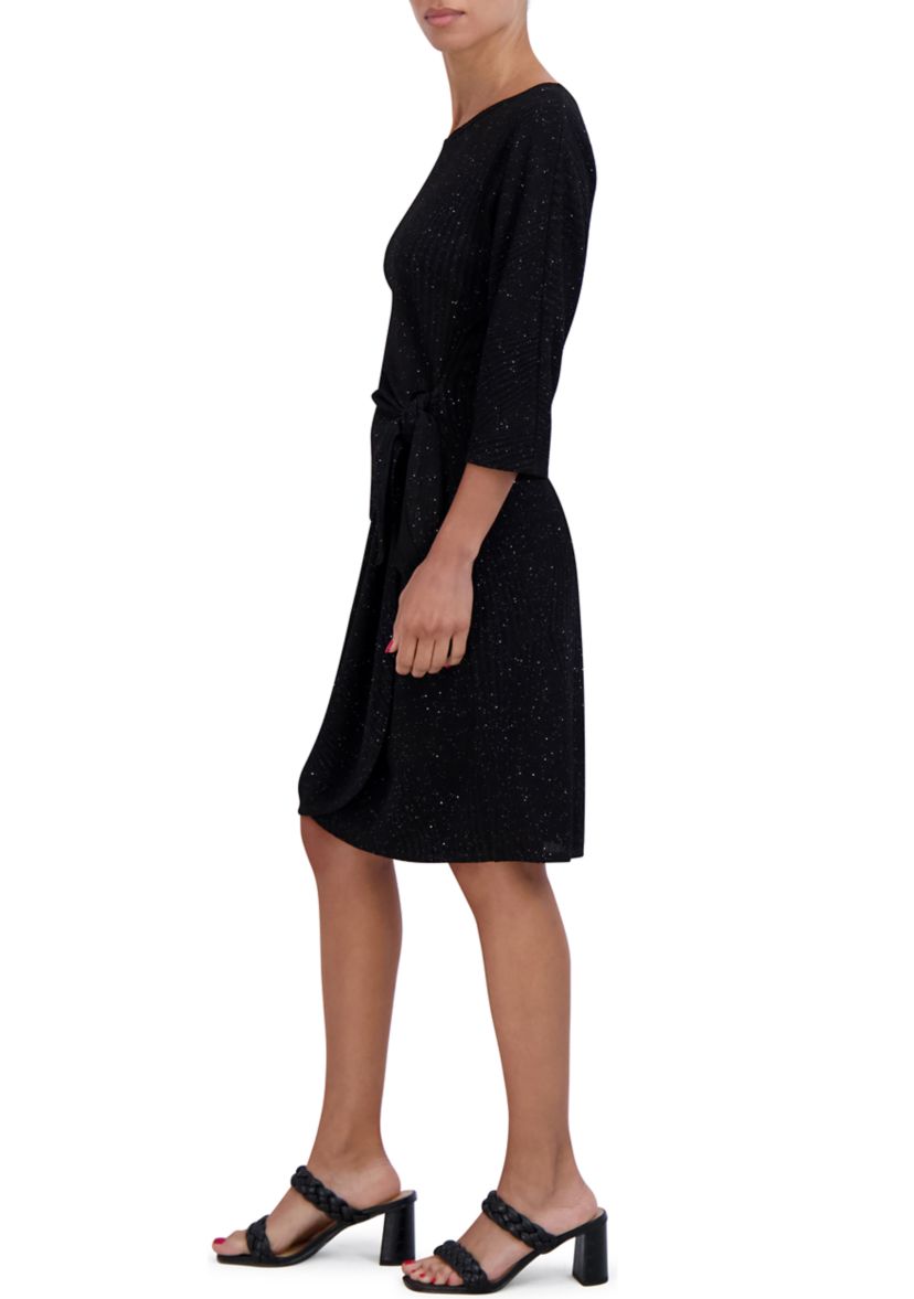 Womens 3/4 Sleeve Tie Waist Glitter Sheath Dress