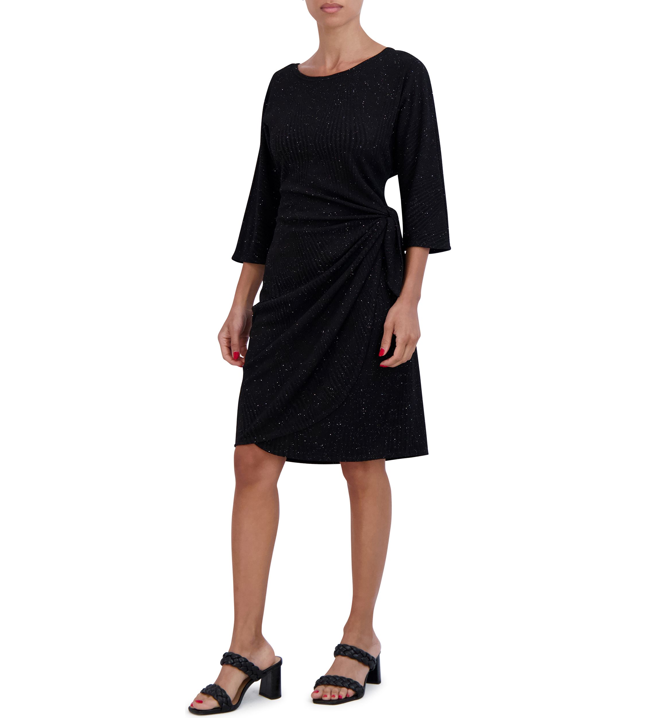 Womens 3/4 Sleeve Tie Waist Glitter Sheath Dress