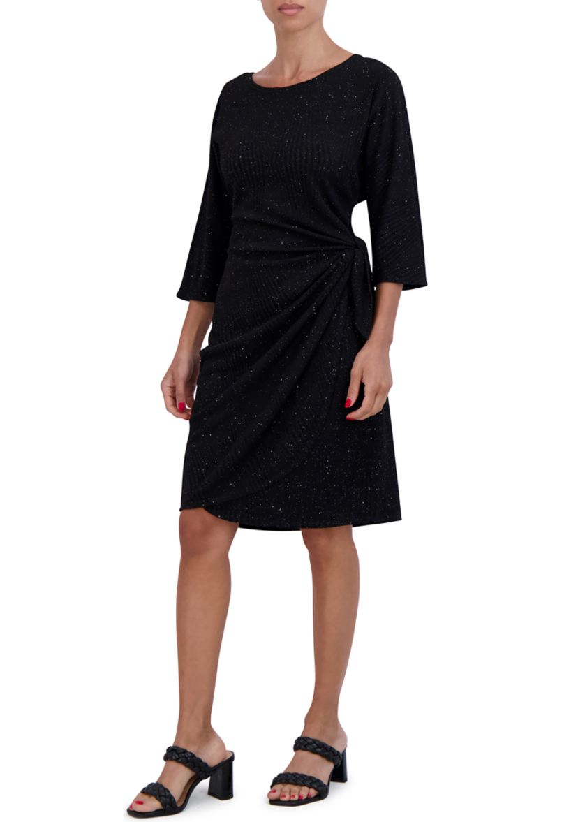 Womens 3/4 Sleeve Tie Waist Glitter Sheath Dress