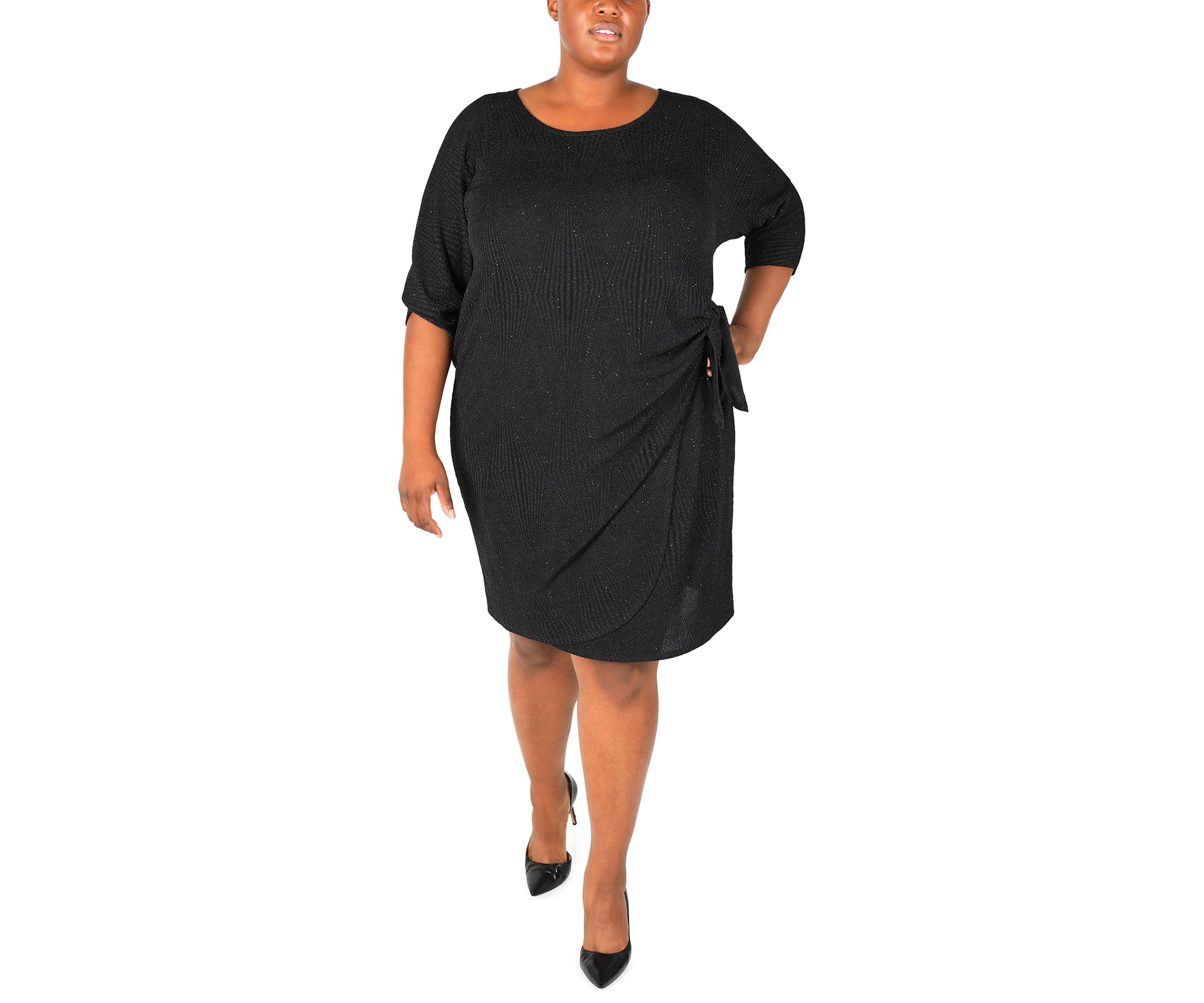 Plus Size 3/4 Sleeve Crew Neck Side Bow Solid Sheath Dress
