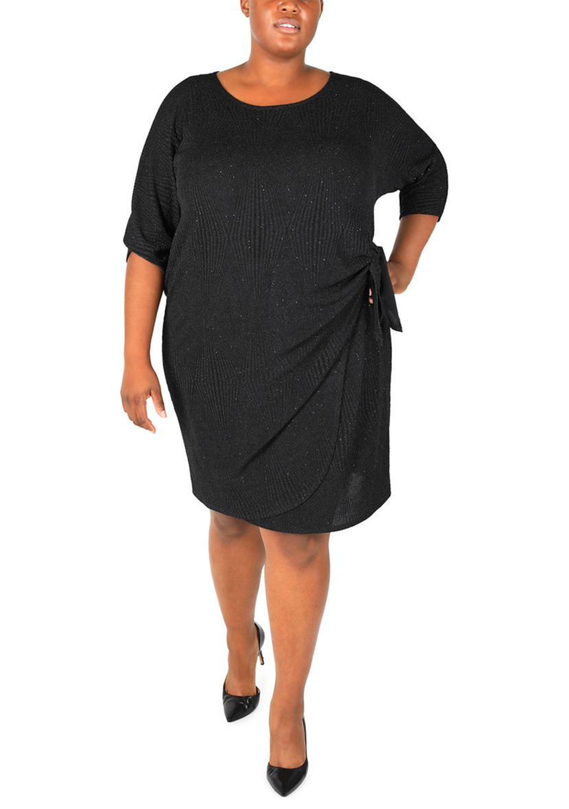 Plus Size 3/4 Sleeve Crew Neck Side Bow Solid Sheath Dress