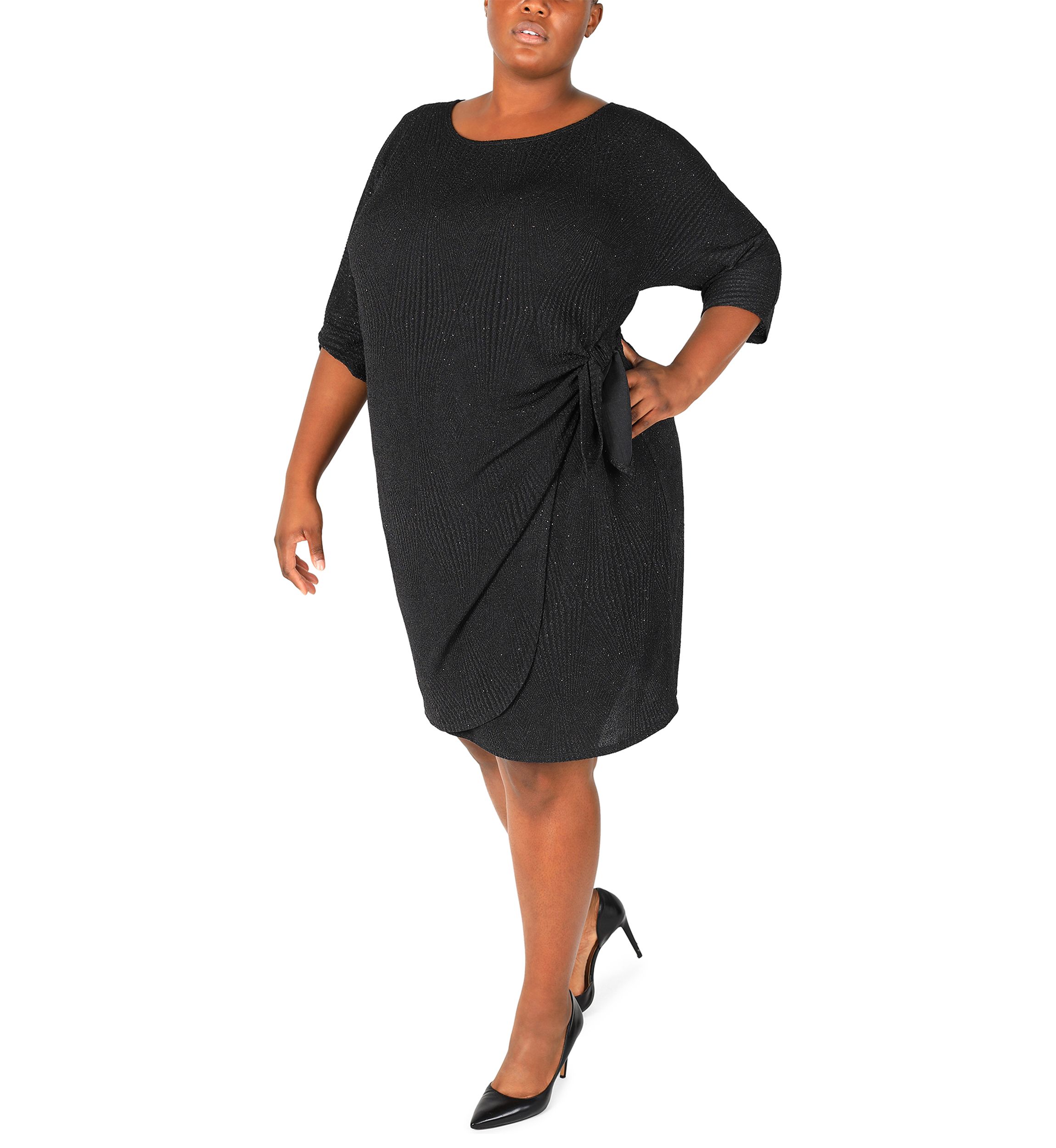 Plus Size 3/4 Sleeve Crew Neck Side Bow Solid Sheath Dress