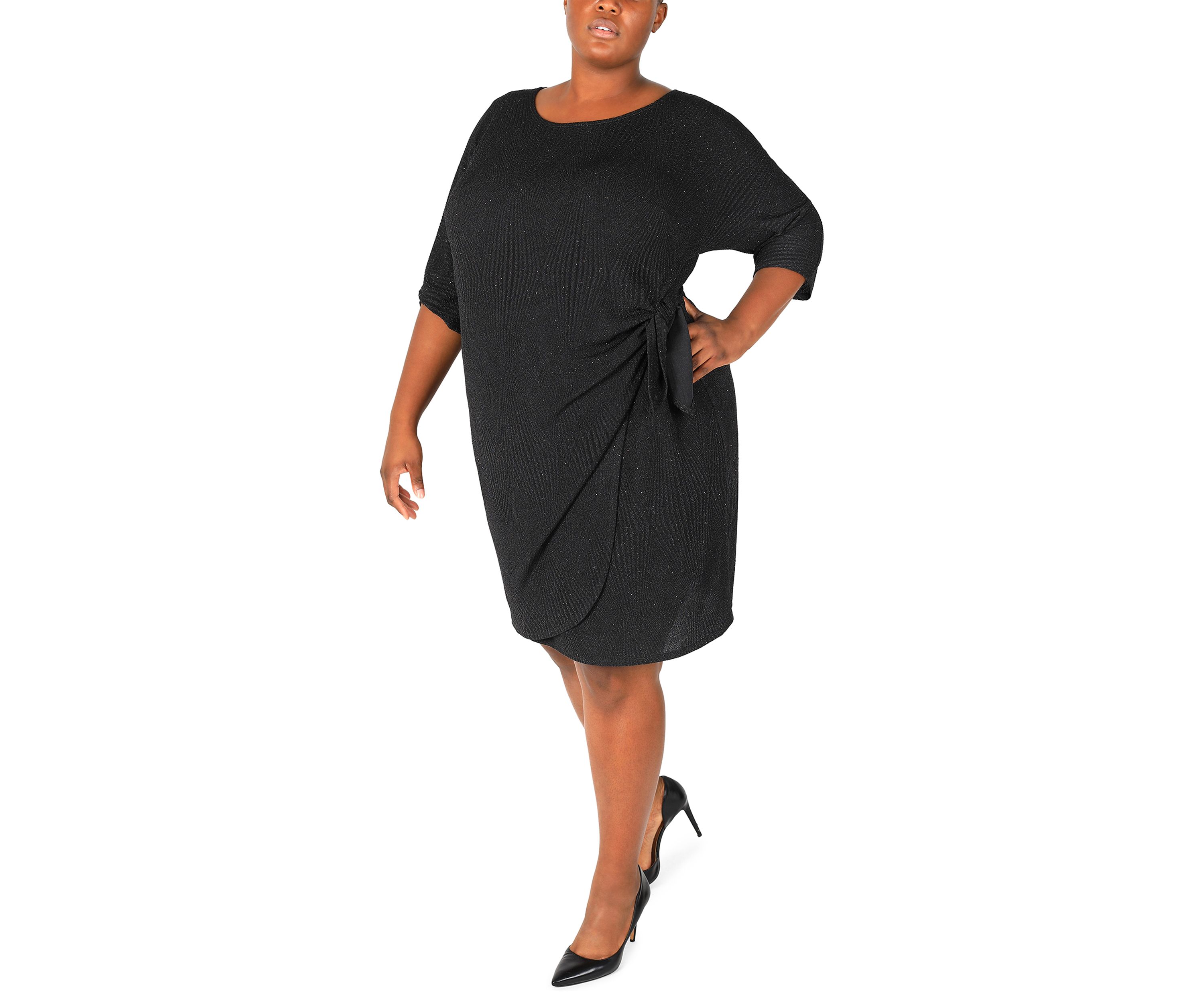 Plus Size 3/4 Sleeve Crew Neck Side Bow Solid Sheath Dress