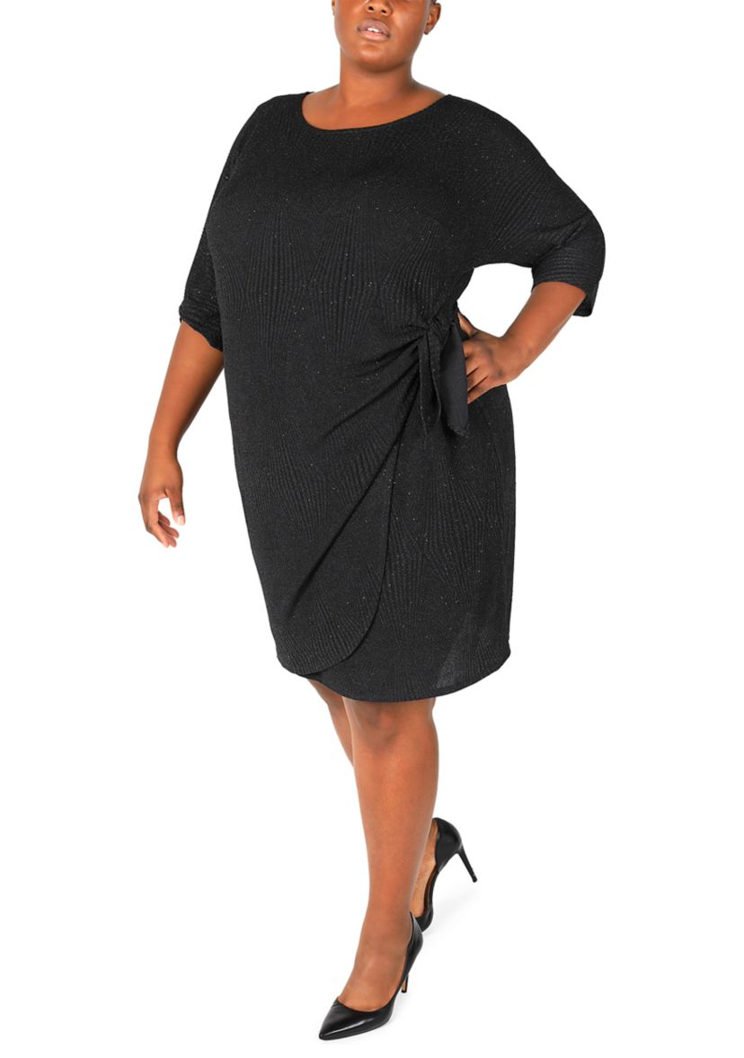 Plus Size 3/4 Sleeve Crew Neck Side Bow Solid Sheath Dress