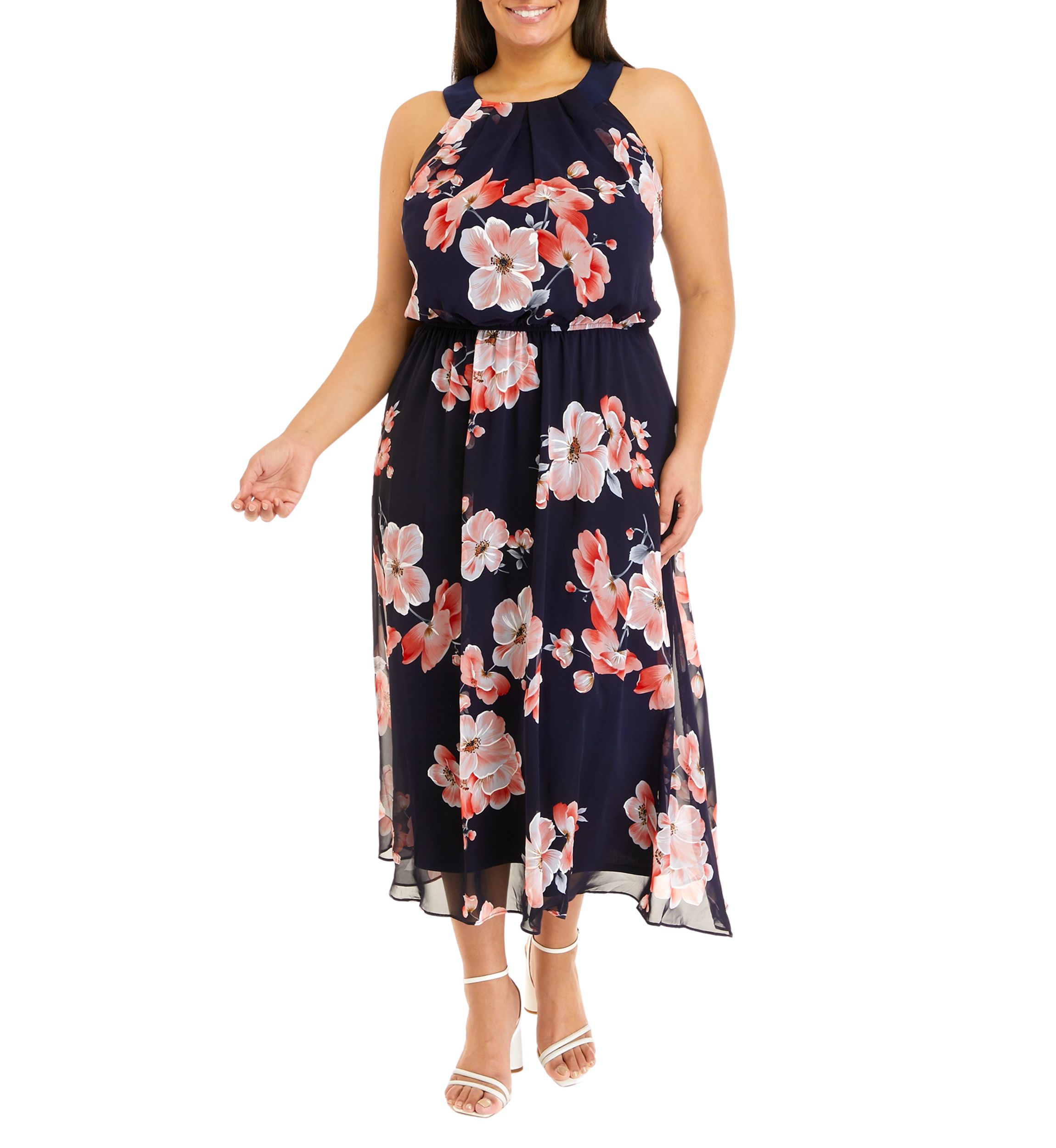 Plus Size Sleeve Floral Print Chiffon Midi Dress