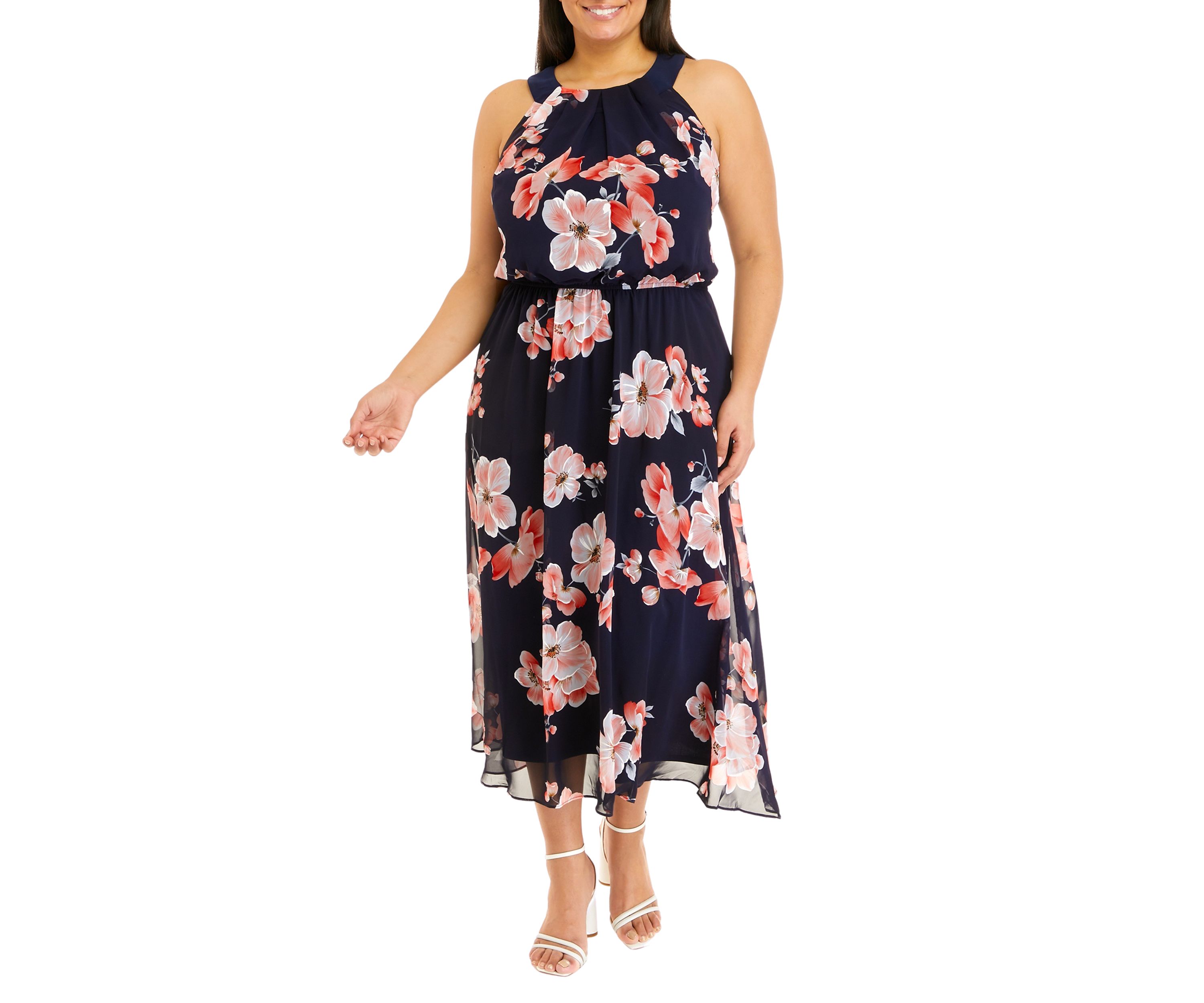 Plus Size Sleeve Floral Print Chiffon Midi Dress