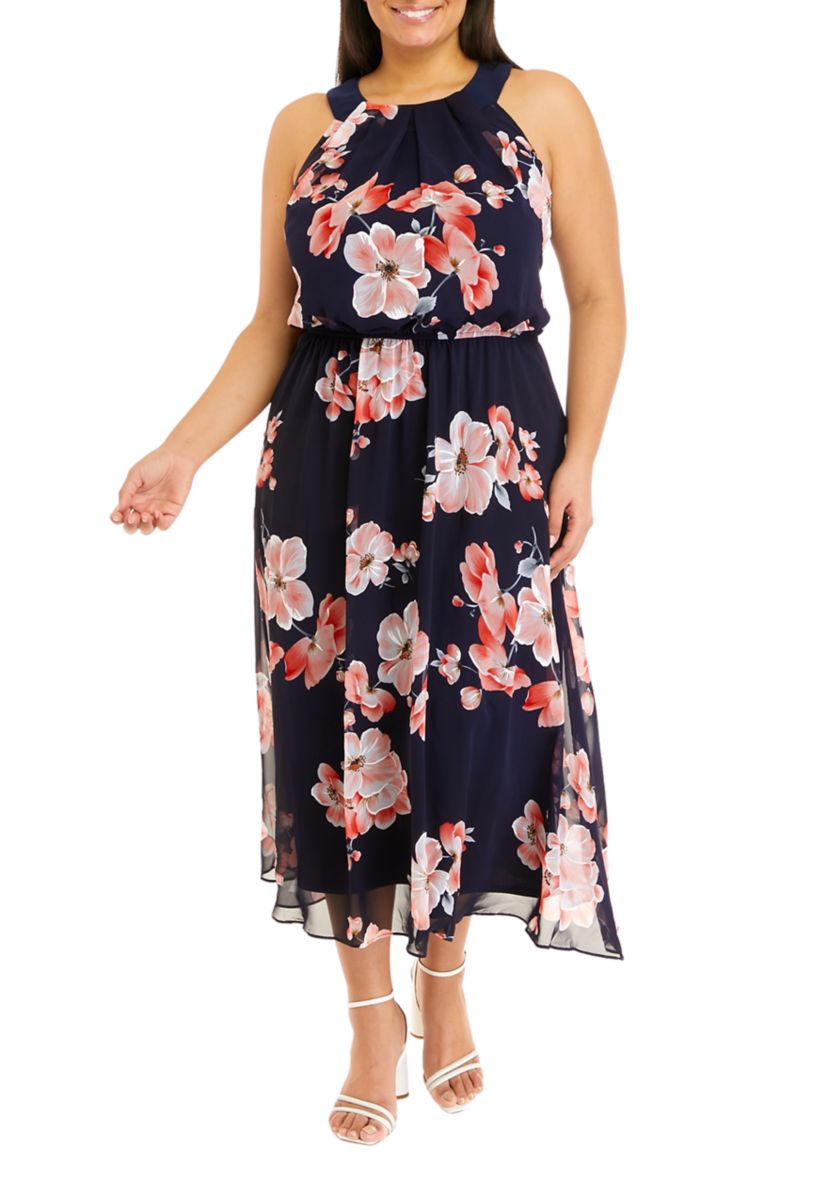 Plus Size Sleeve Floral Print Chiffon Midi Dress