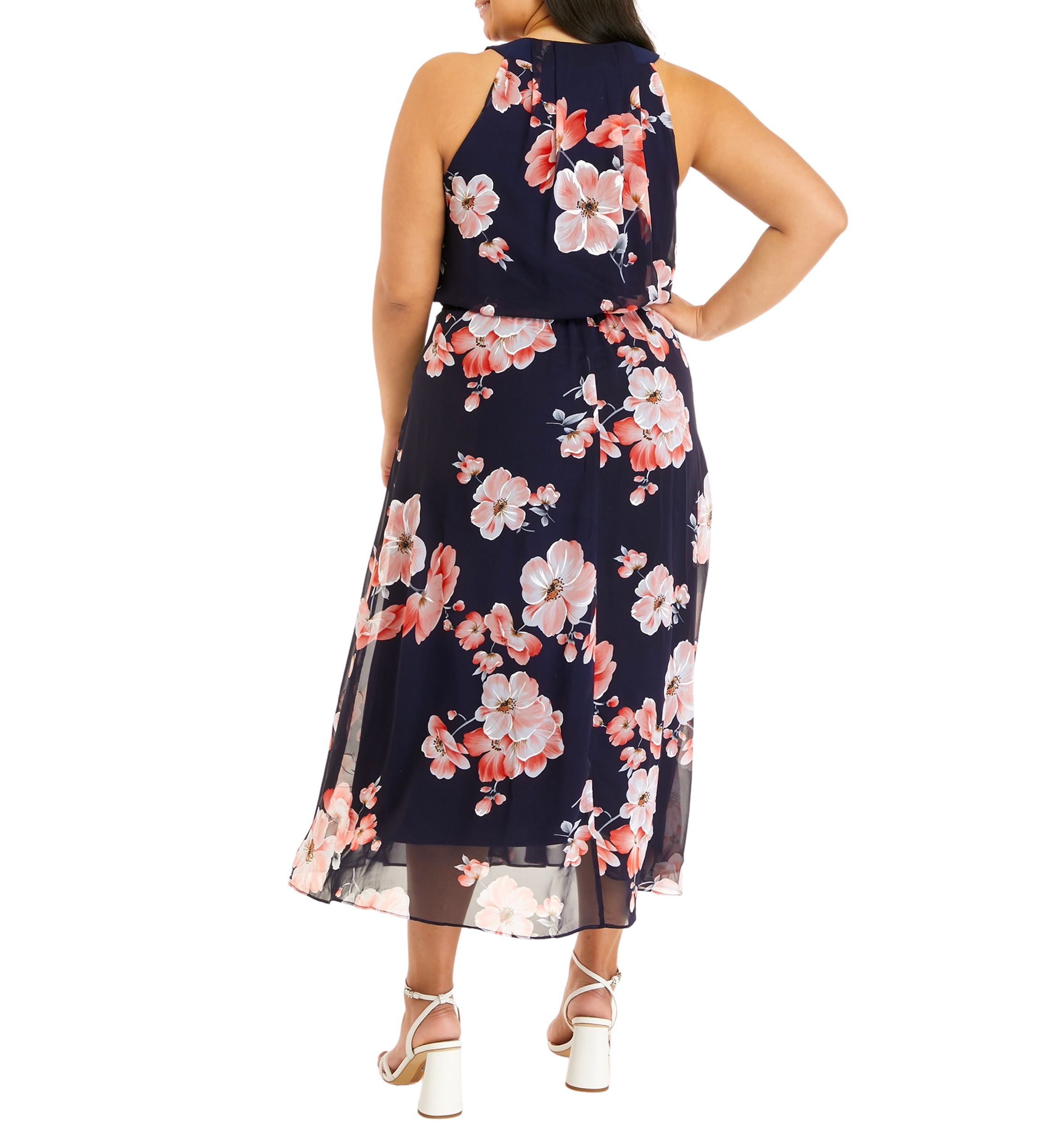 Plus Size Sleeve Floral Print Chiffon Midi Dress