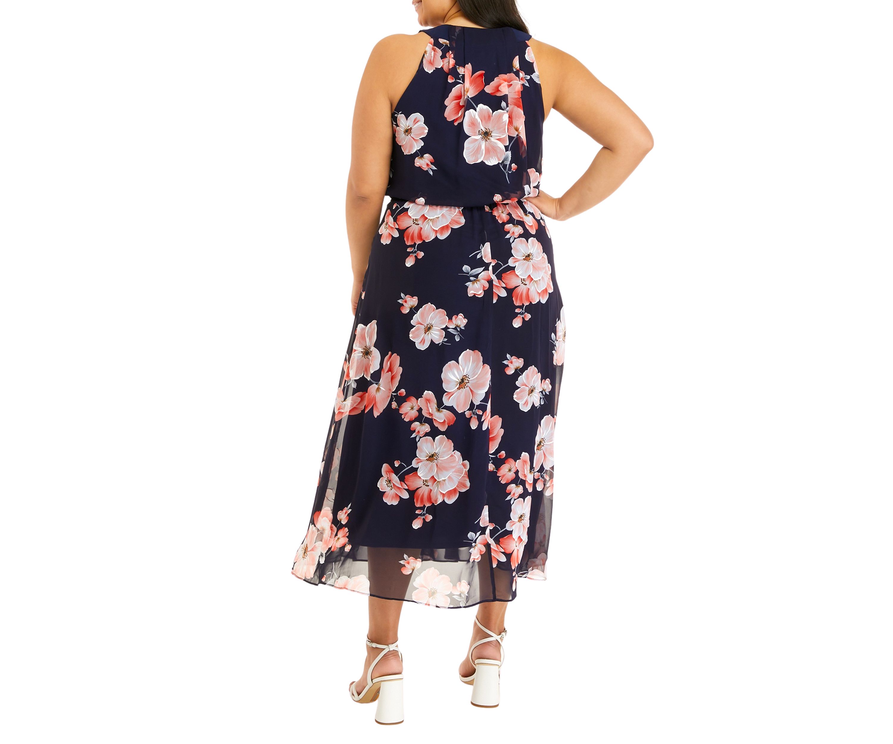 Plus Size Sleeve Floral Print Chiffon Midi Dress