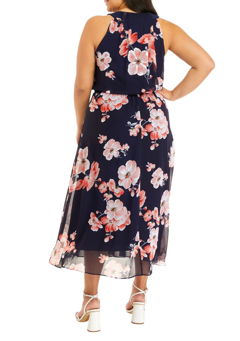 Plus Size Sleeve Floral Print Chiffon Midi Dress