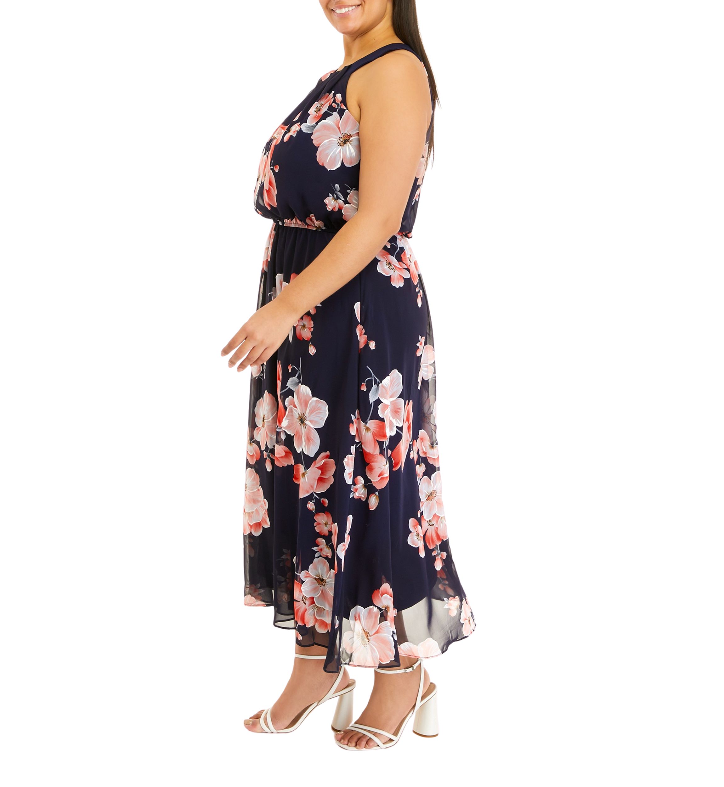 Plus Size Sleeve Floral Print Chiffon Midi Dress