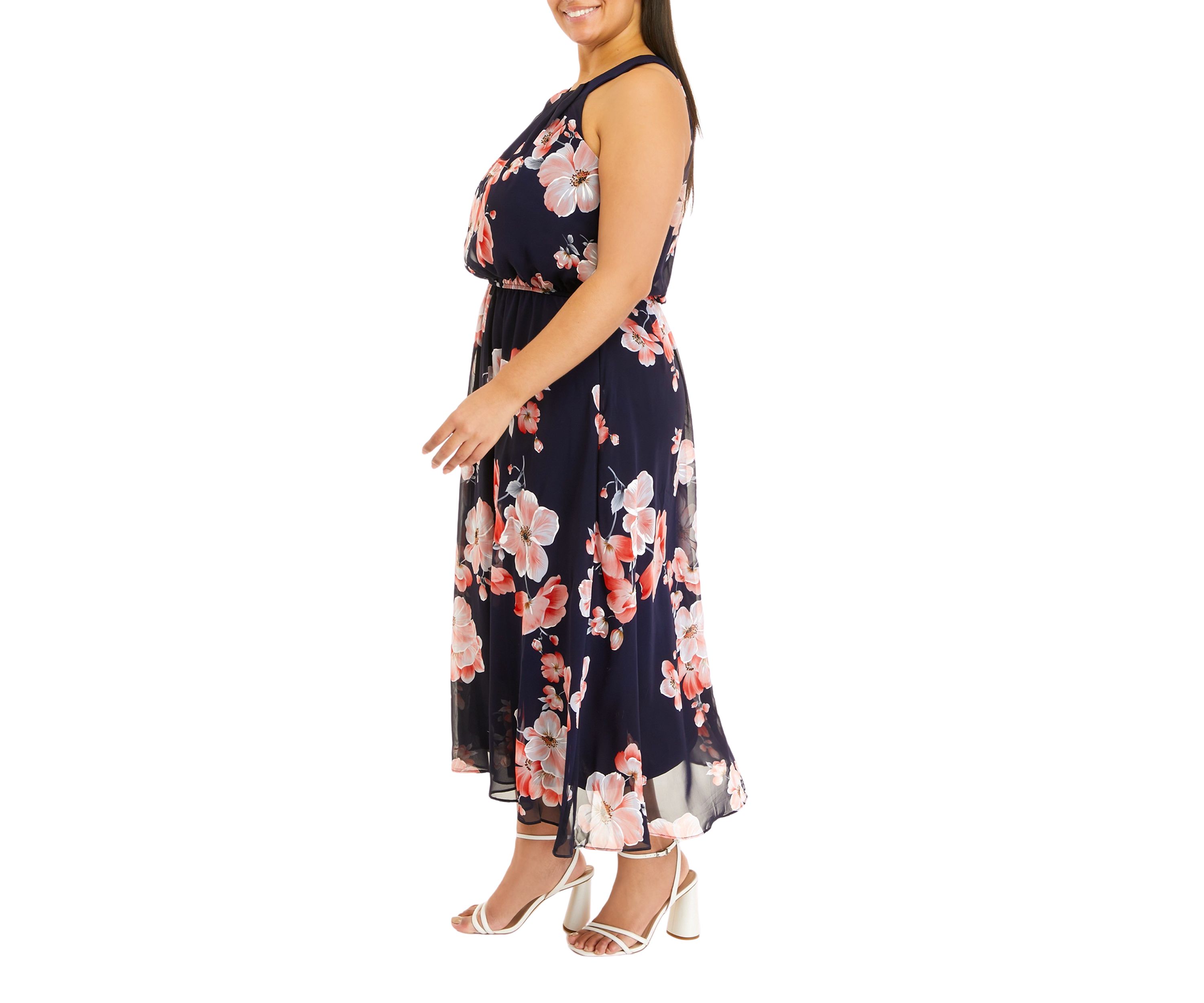 Plus Size Sleeve Floral Print Chiffon Midi Dress