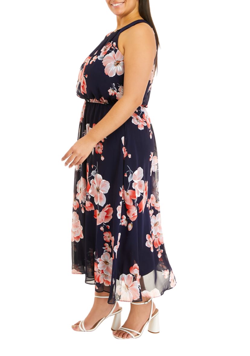 Plus Size Sleeve Floral Print Chiffon Midi Dress