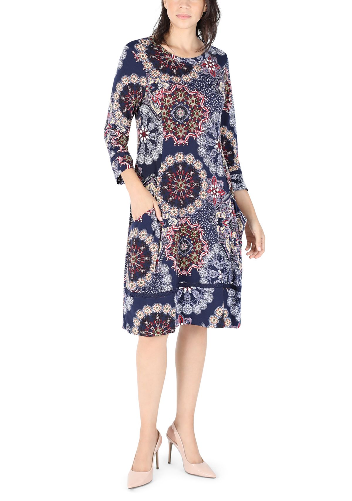 Womens Long Sleeve Printed A-Line Dress