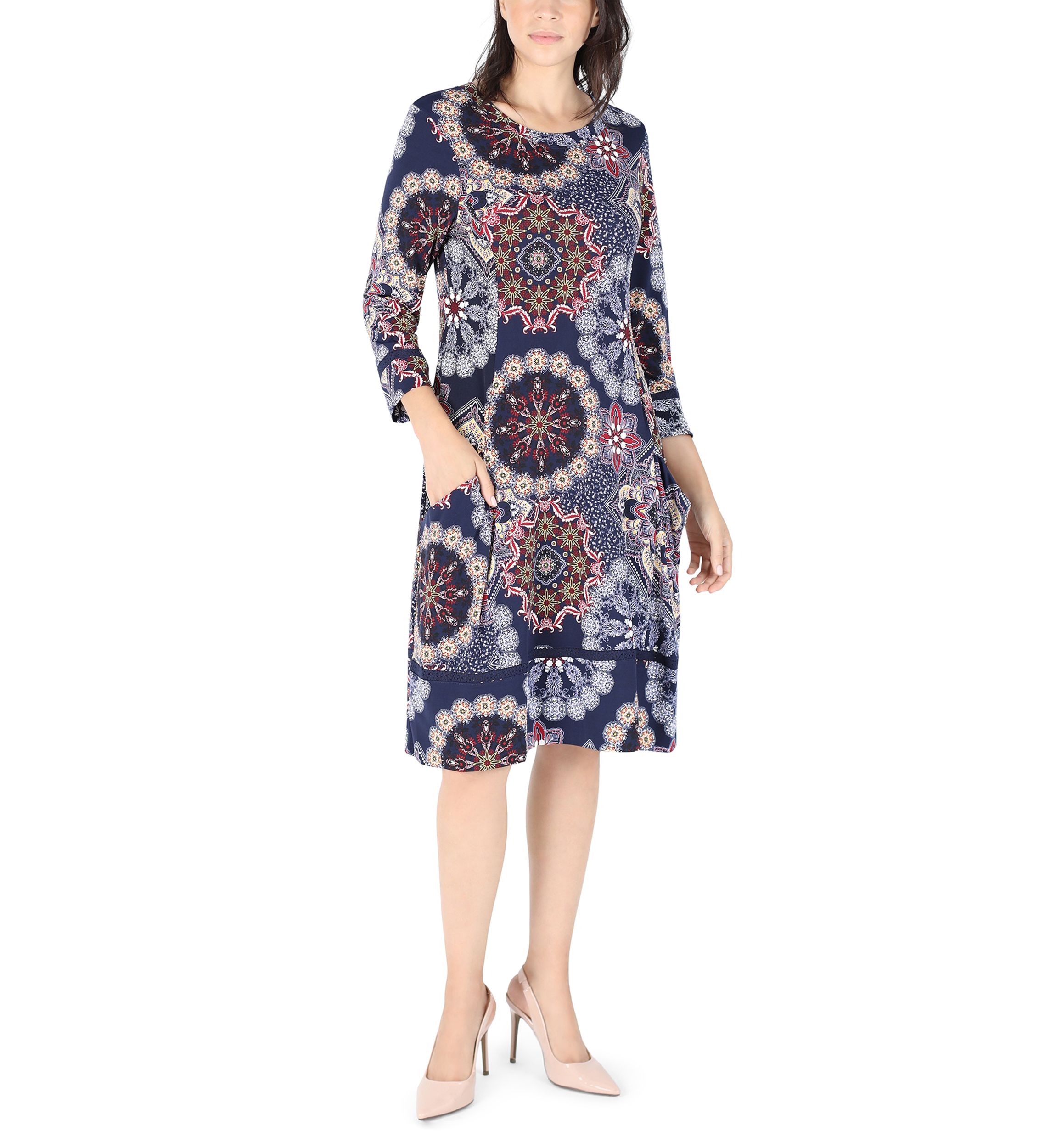 Womens Long Sleeve Printed A-Line Dress