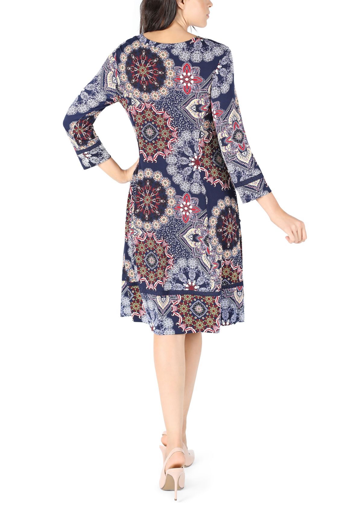 Womens Long Sleeve Printed A-Line Dress
