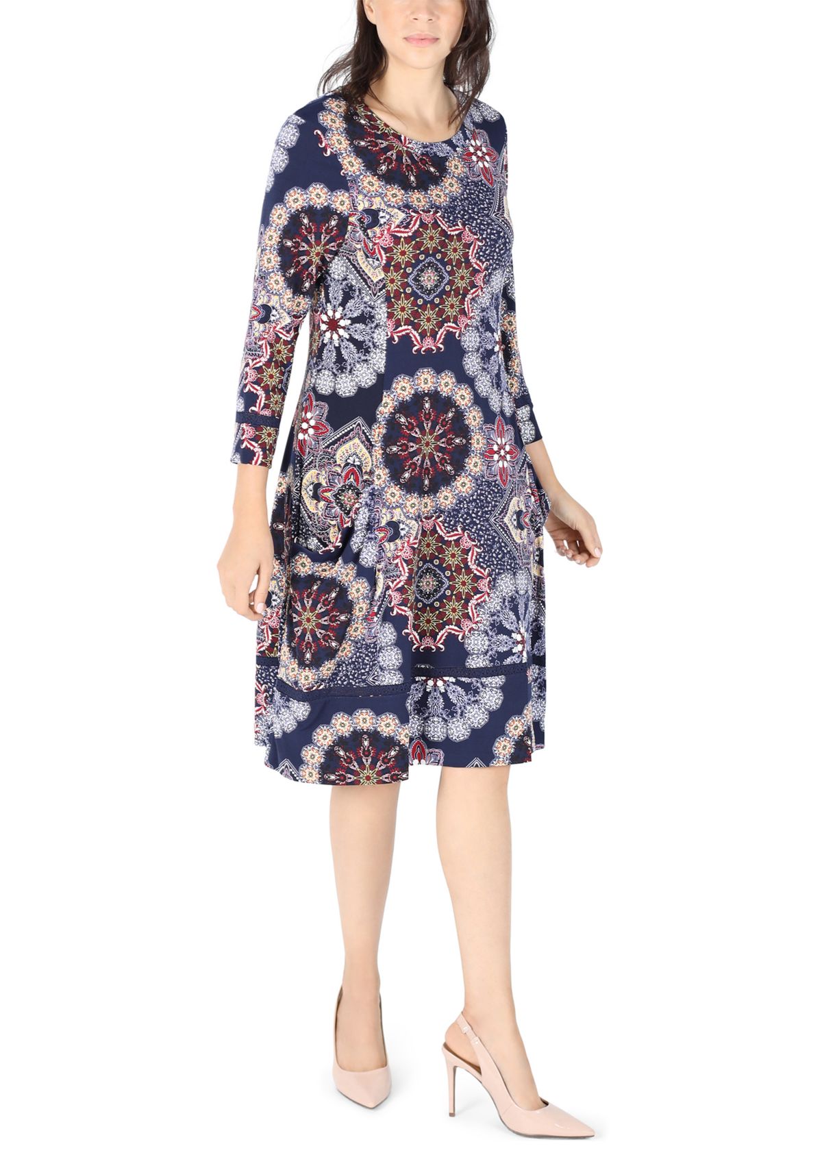 Womens Long Sleeve Printed A-Line Dress