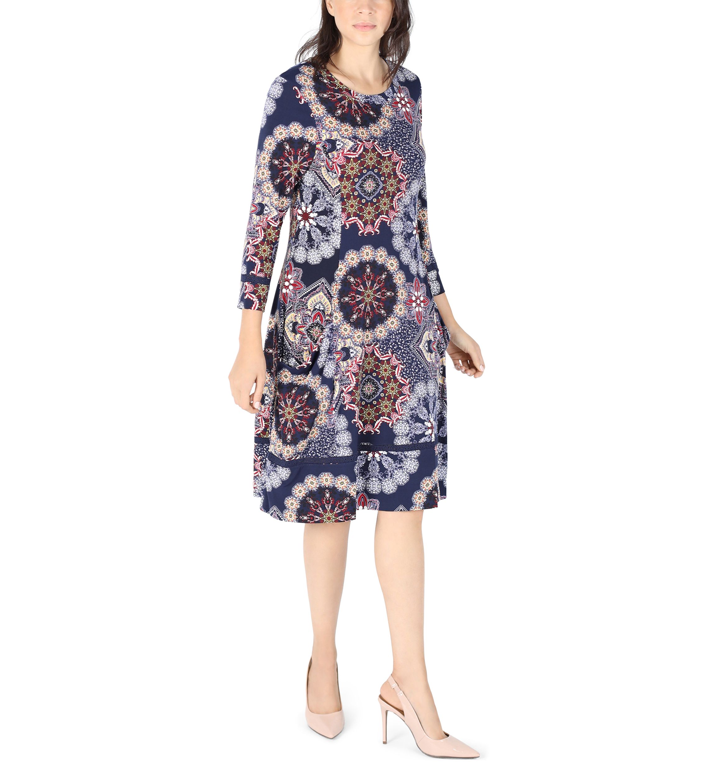 Womens Long Sleeve Printed A-Line Dress