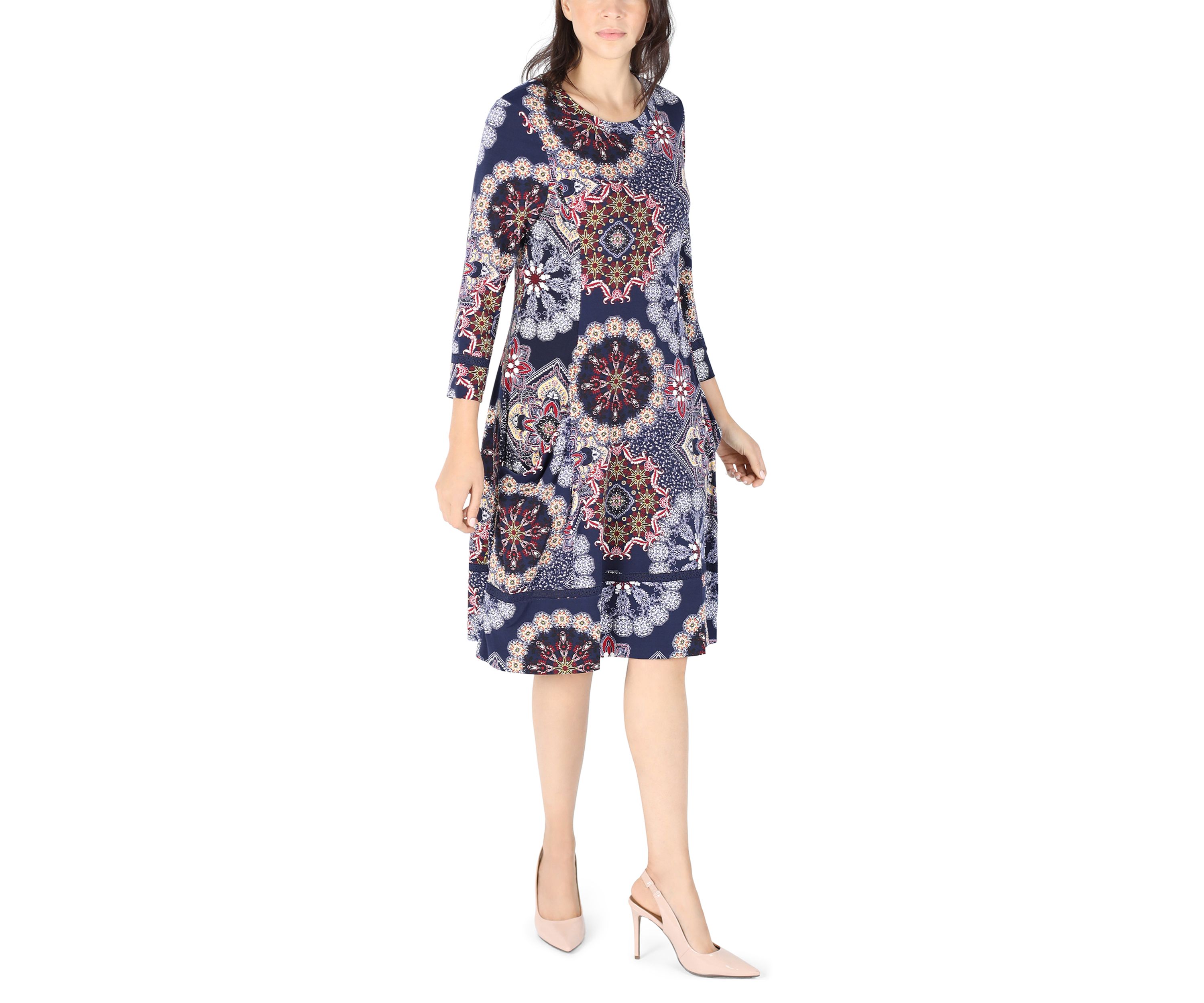 Womens Long Sleeve Printed A-Line Dress