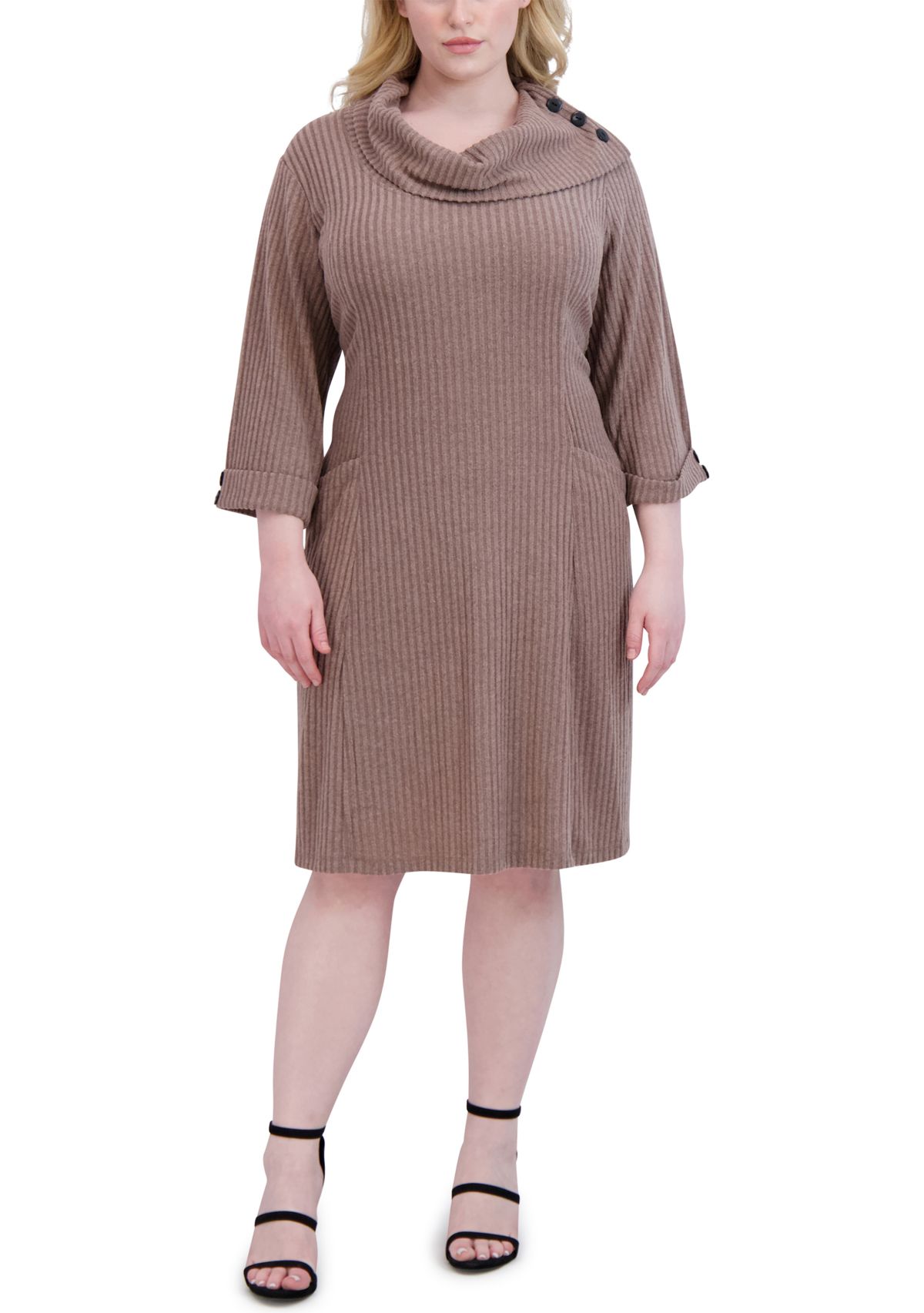 Plus Size Elbow Sleeve Hacci Envelope Neck Fit and Flare Dress